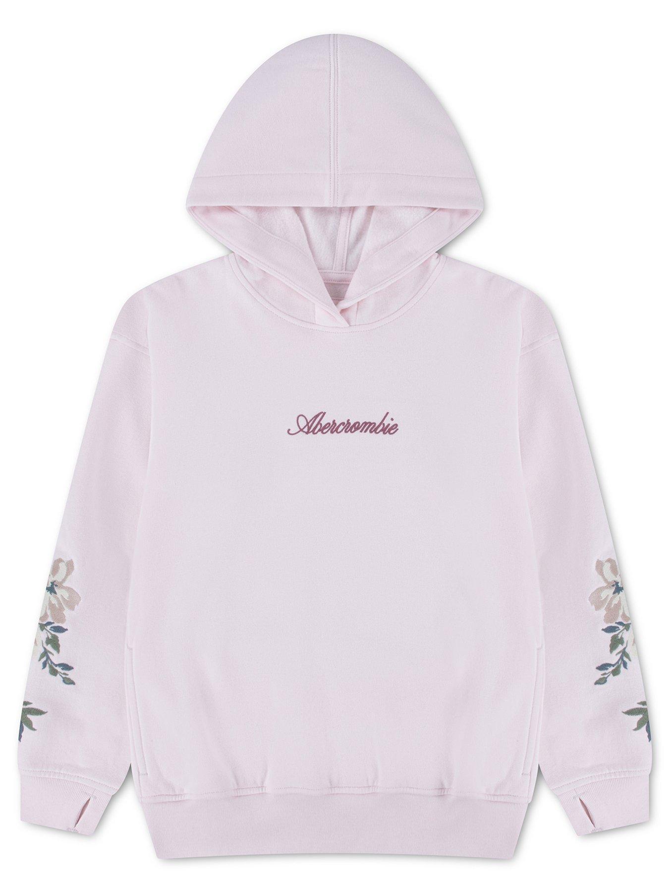 Image 1 of 4 of Abercrombie & Fitch Girls Embroidered Floral Sleeve Logo Hoodie - Pink