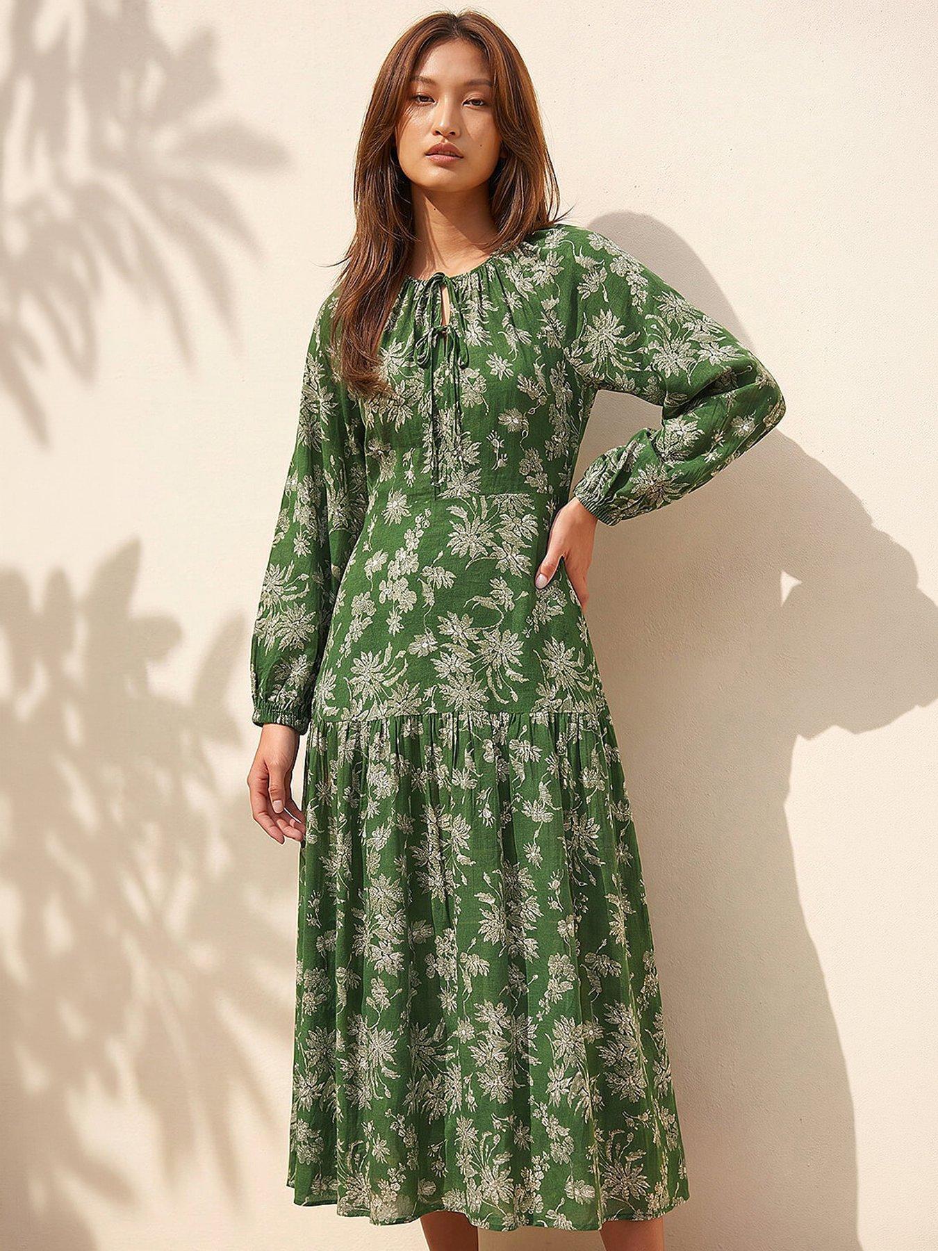 Roman Floral Keyhole Tie Midi Dress