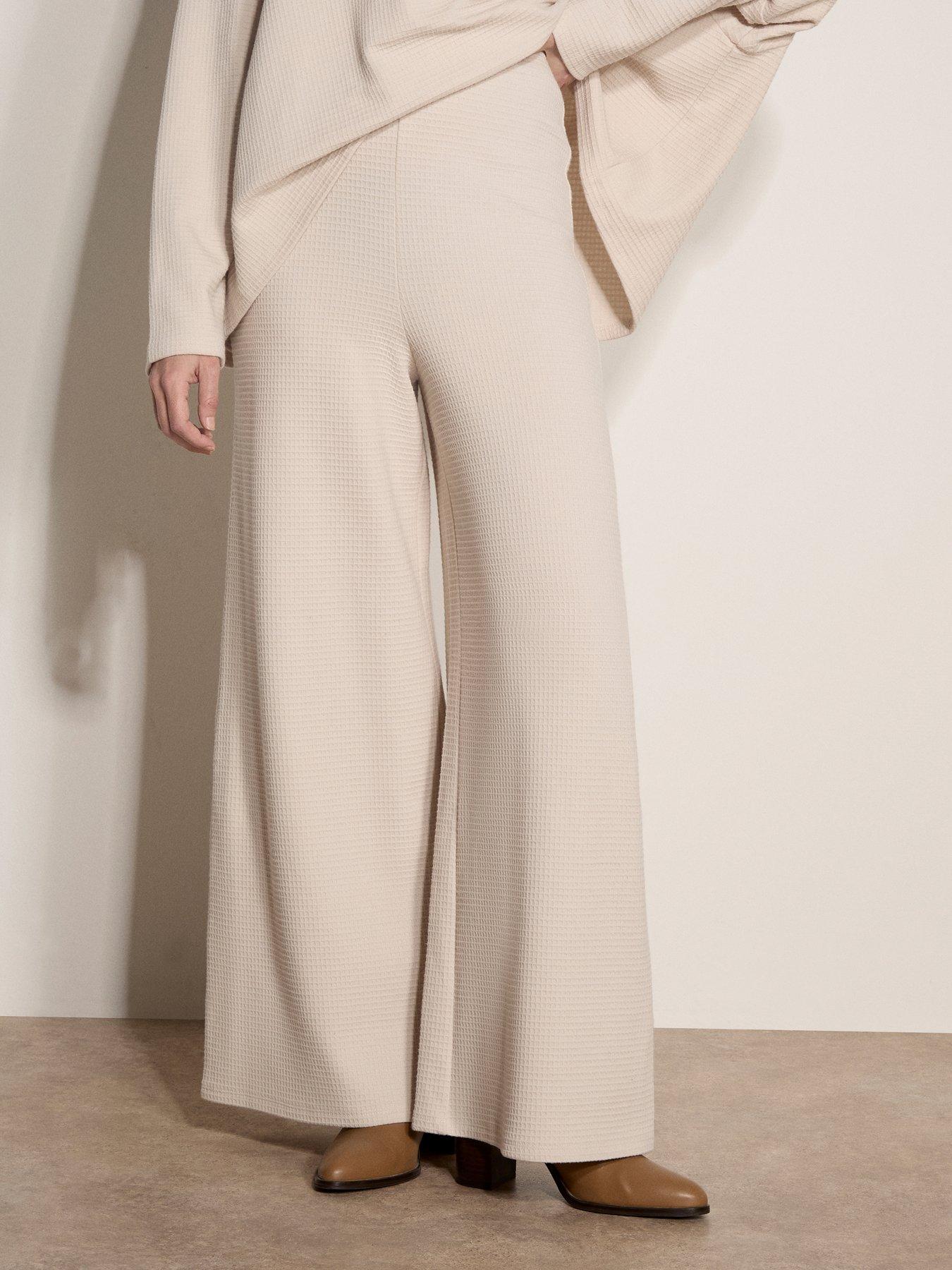 Image 1 of 5 of Apricot Waffle Textured Clean Waist Wide Leg Joggers - Cream
