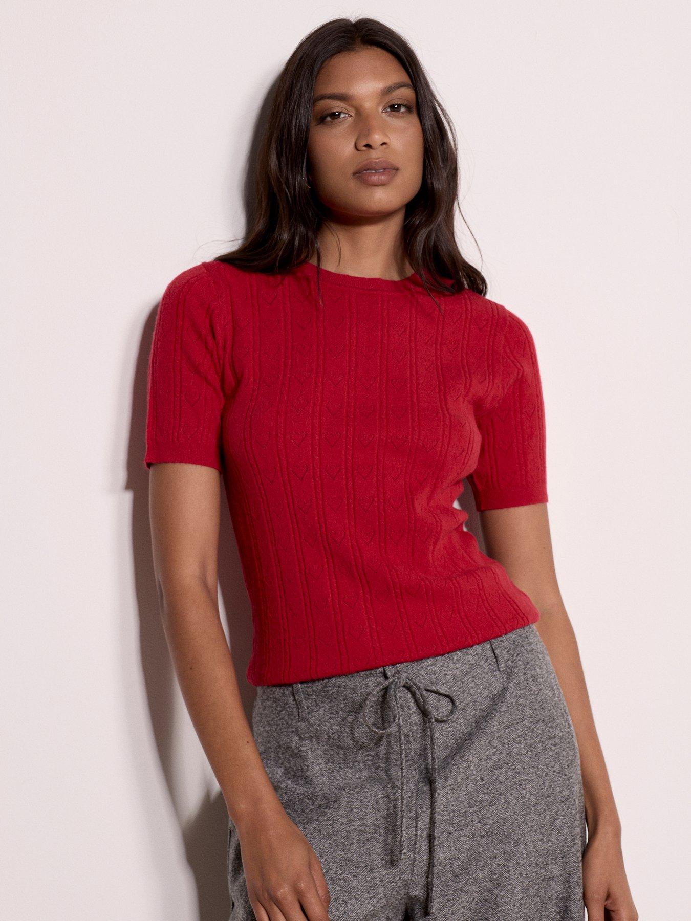 Image 1 of 4 of Apricot Womens Pointelle Heart Knit Short Sleeve Blouse - Red