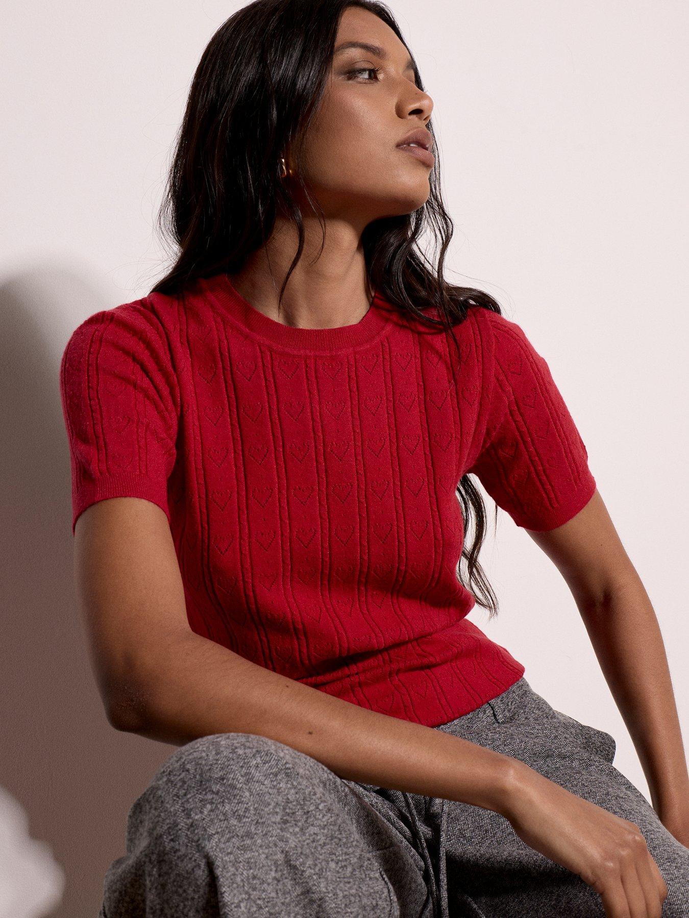 Image 3 of 4 of Apricot Womens Pointelle Heart Knit Short Sleeve Blouse - Red