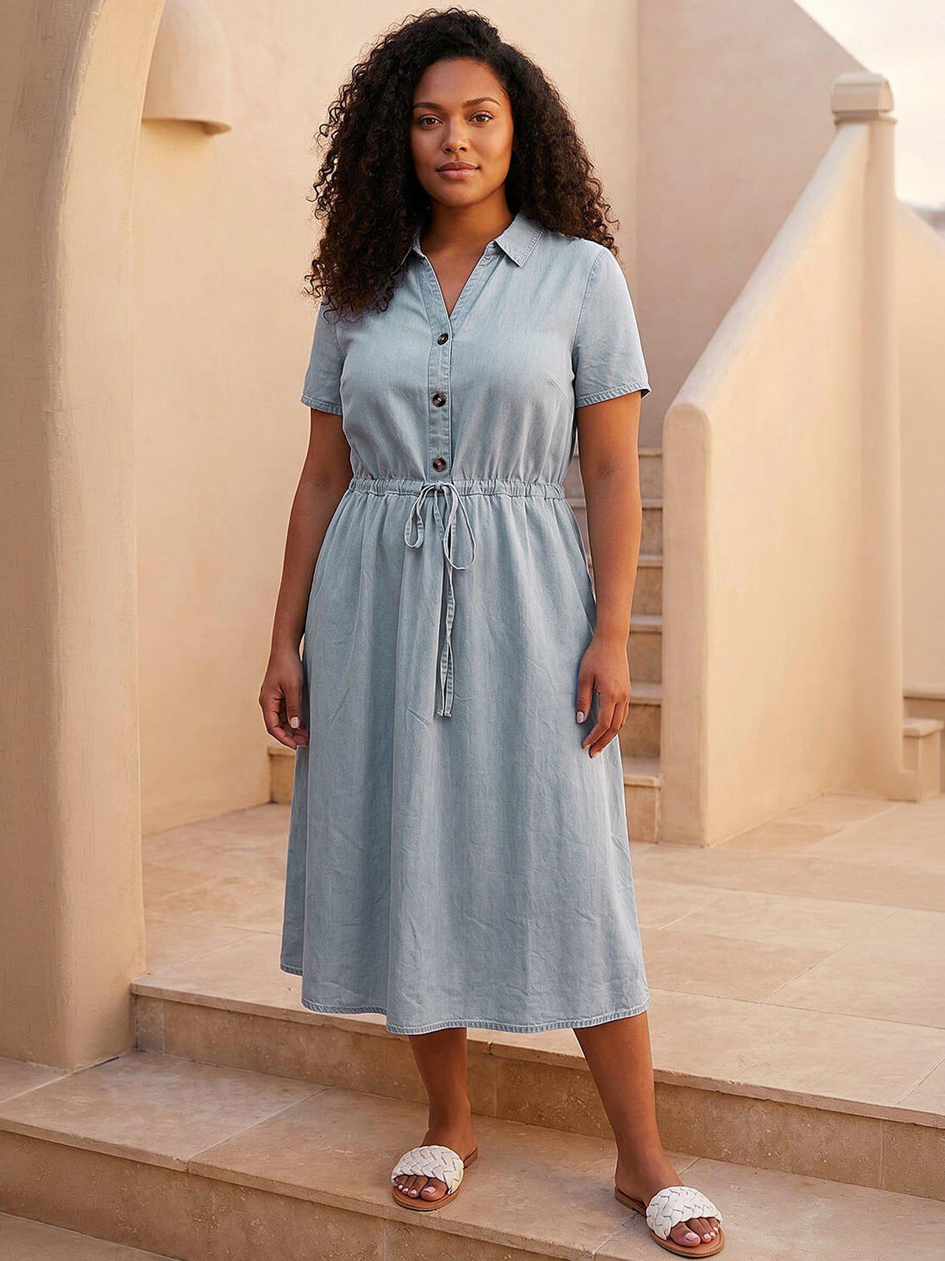 Roman Curve Tie Waist Shirt Dress