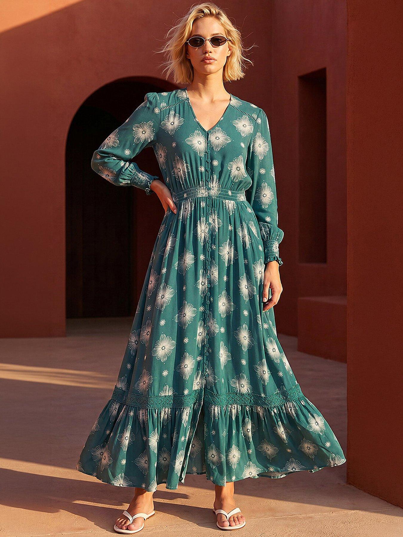 Image 1 of 4 of Roman Floral Lace Trim Midi Dress