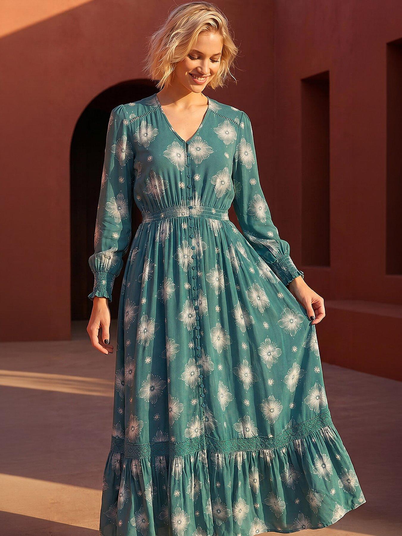 Image 4 of 4 of Roman Floral Lace Trim Midi Dress