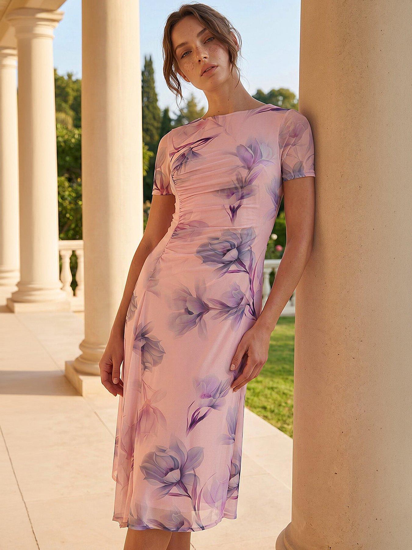 Roman Petite Print Ruched Mesh Midi Dress