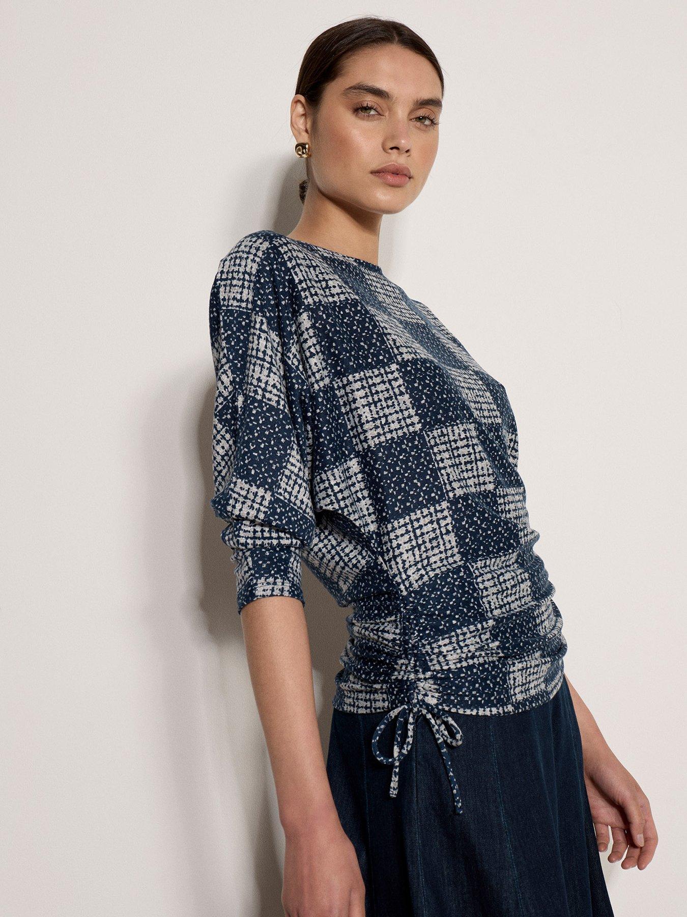 Image 1 of 4 of Apricot Womens Textured Side Ruched Batwing Blouse - Navy