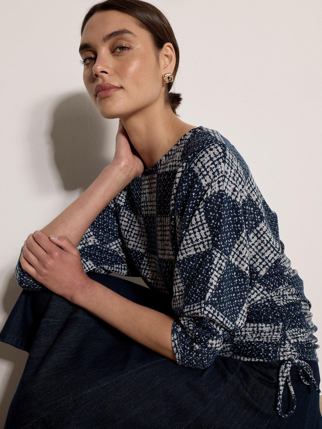 Image 4 of 4 of Apricot Womens Textured Side Ruched Batwing Blouse - Navy