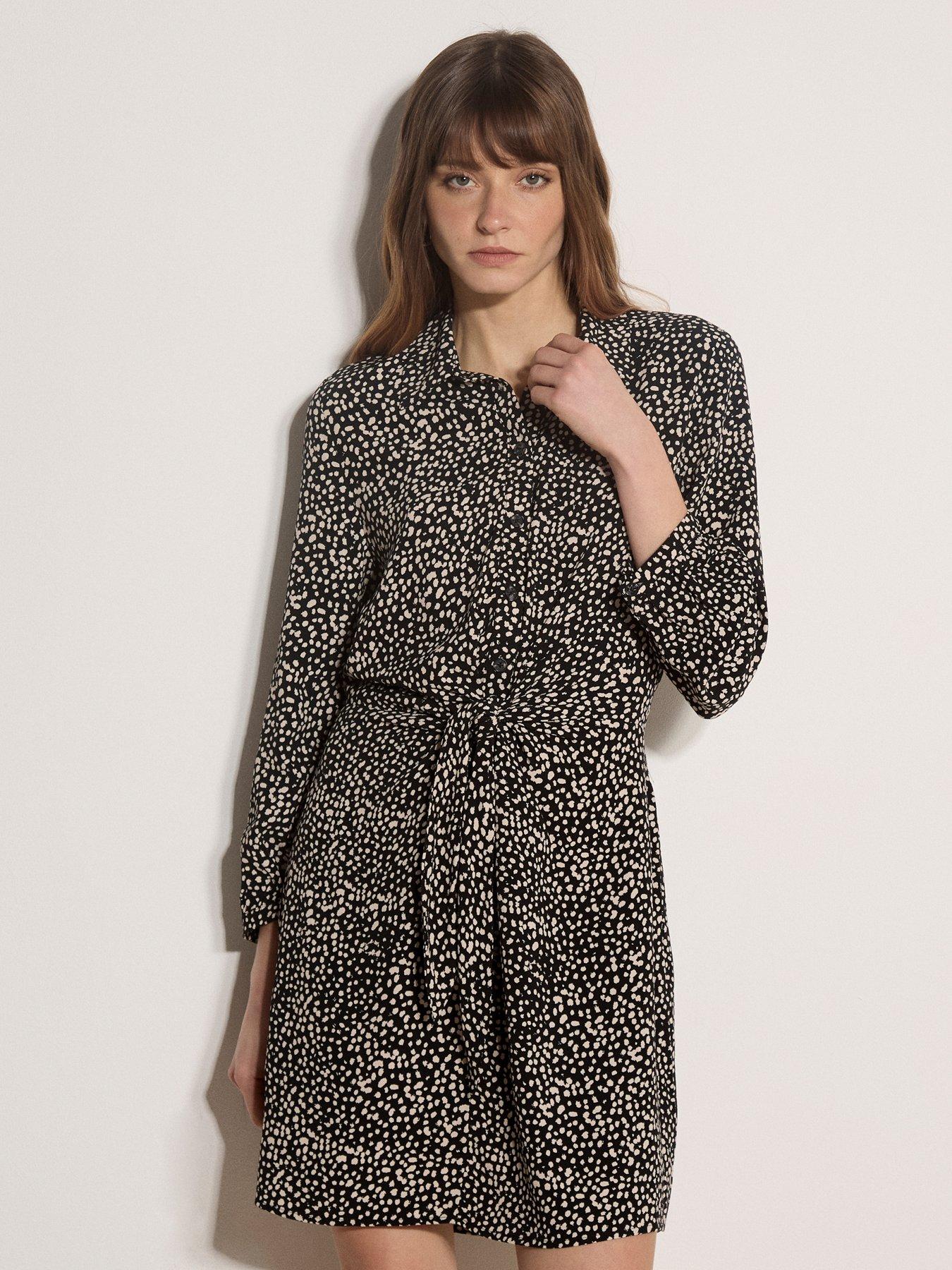 Image 1 of 4 of Apricot Mono Texture Spot Tie Front Mini Dress - Black