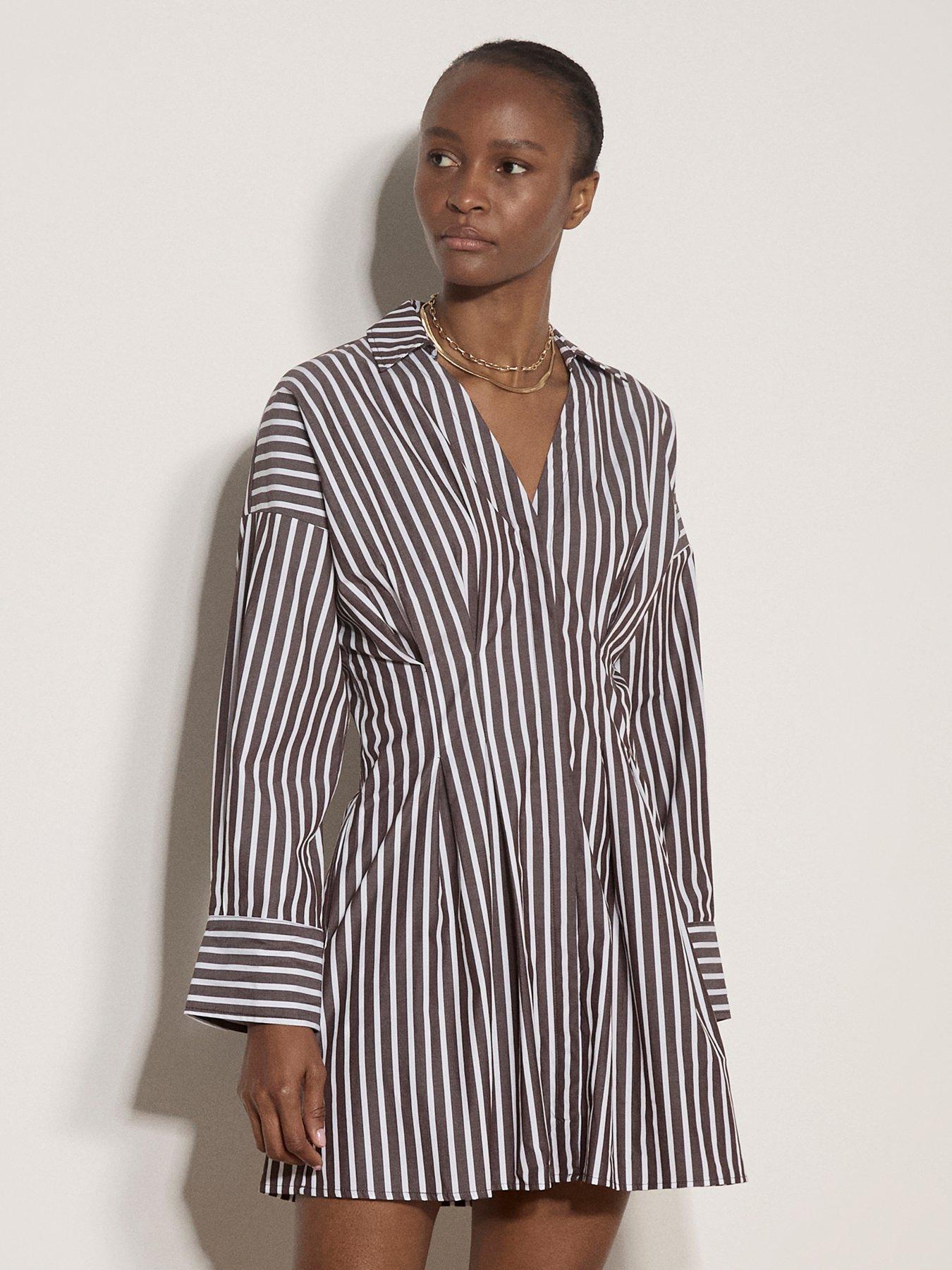 Image 1 of 5 of Apricot Womens Pleated Shirred Waist Stripe Shirt Dress - Brown