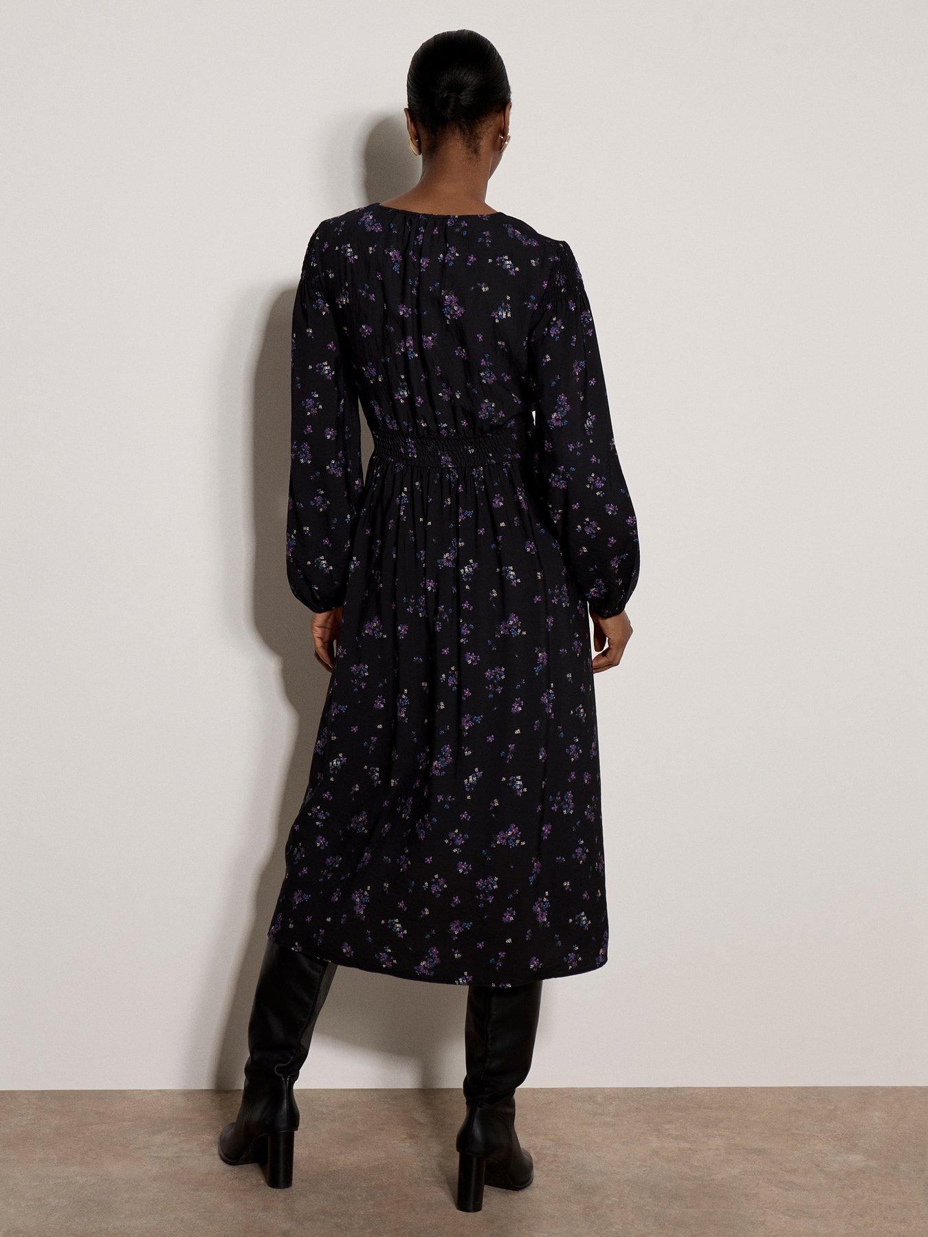 Image 2 of 4 of Apricot Womens Shirred Waist V-Neck Ditsy Smock Dress - Black
