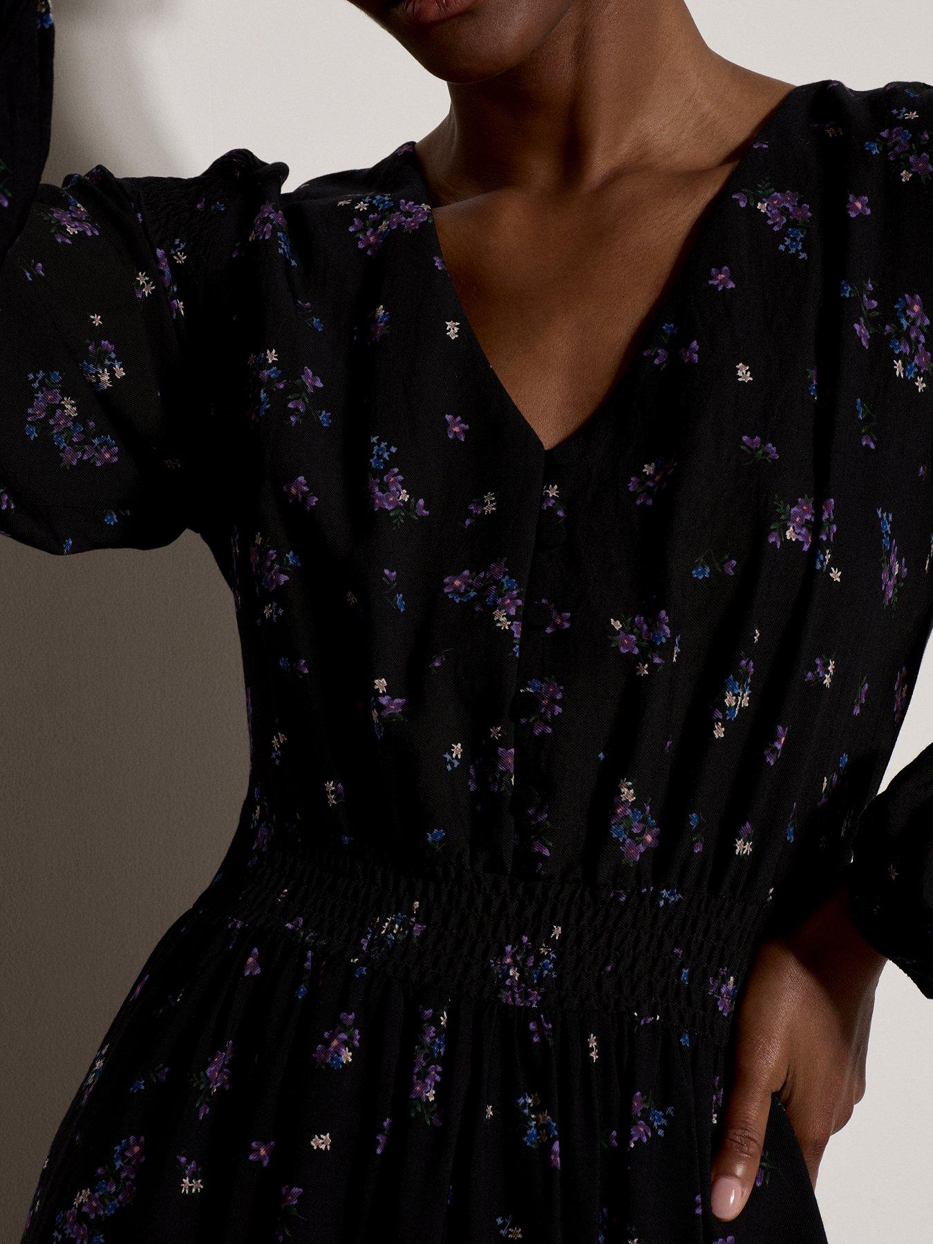 Image 4 of 4 of Apricot Womens Shirred Waist V-Neck Ditsy Smock Dress - Black