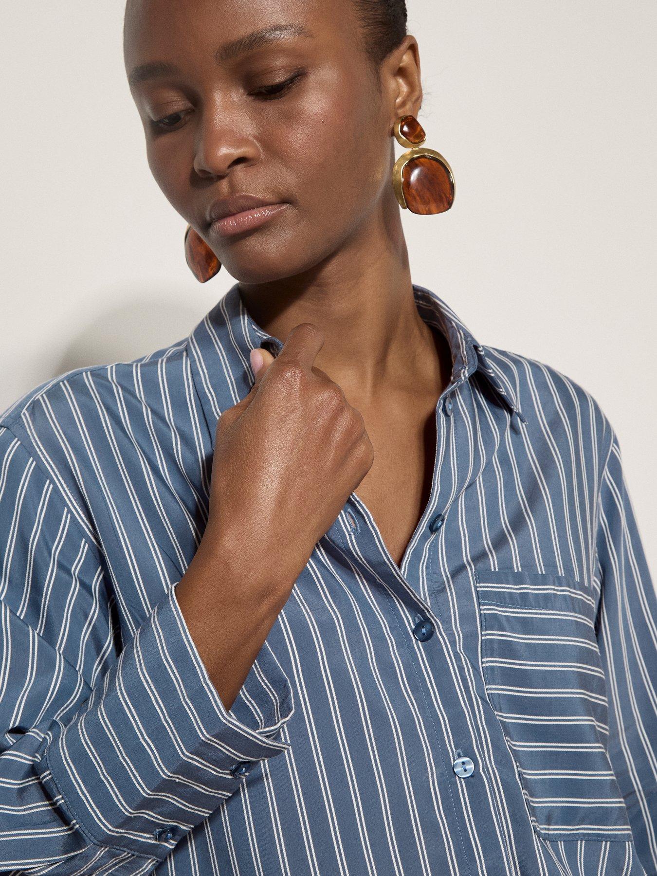 Image 4 of 5 of Apricot Womens Oversized Pinstripe 1 Pocket Shirt - Blue