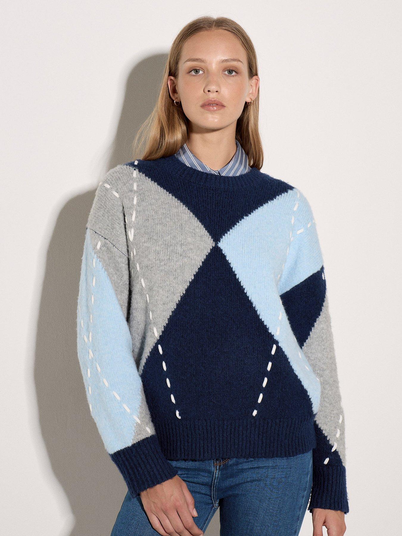 Image 1 of 4 of Apricot Womens Oversized Argyle Boat Neck Jumper - Navy