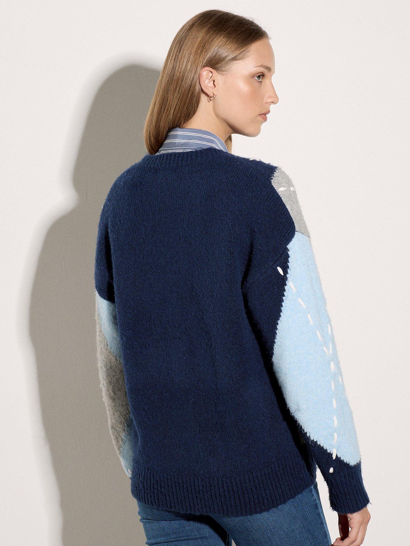 Image 2 of 4 of Apricot Womens Oversized Argyle Boat Neck Jumper - Navy
