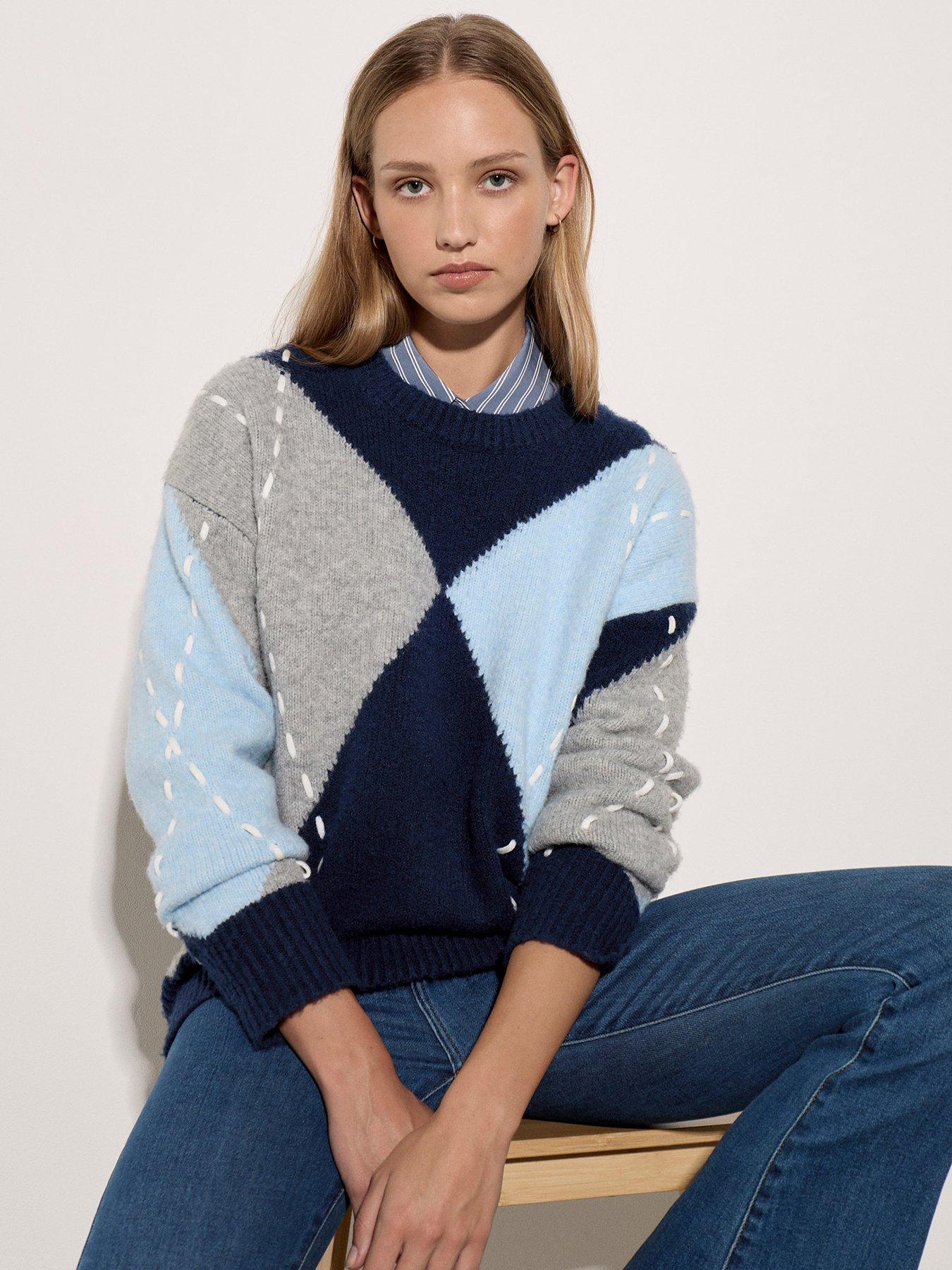 Image 3 of 4 of Apricot Womens Oversized Argyle Boat Neck Jumper - Navy