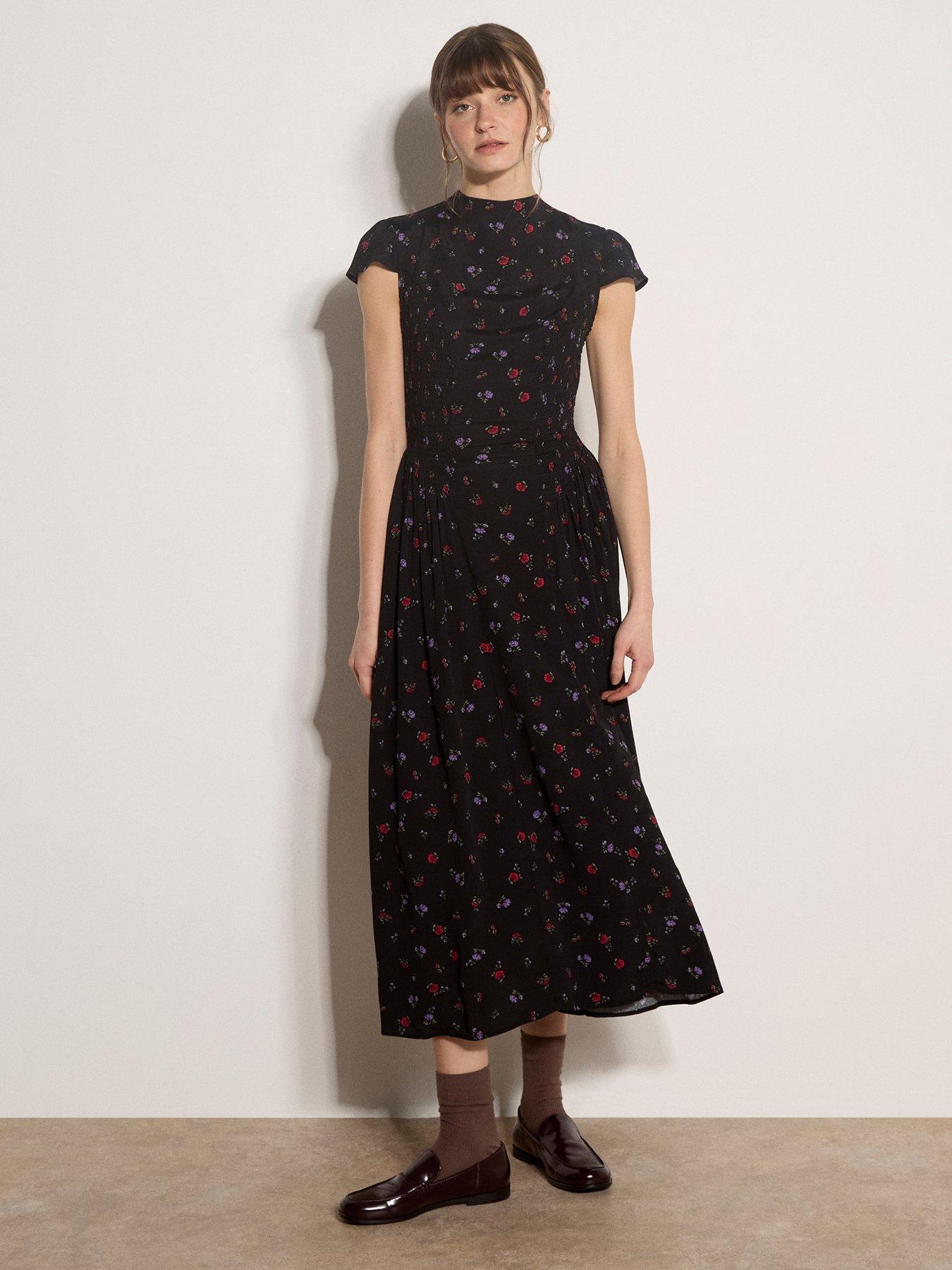 Image 1 of 4 of Apricot Womens Ditsy Ruching High Neck Midi Dress - Black