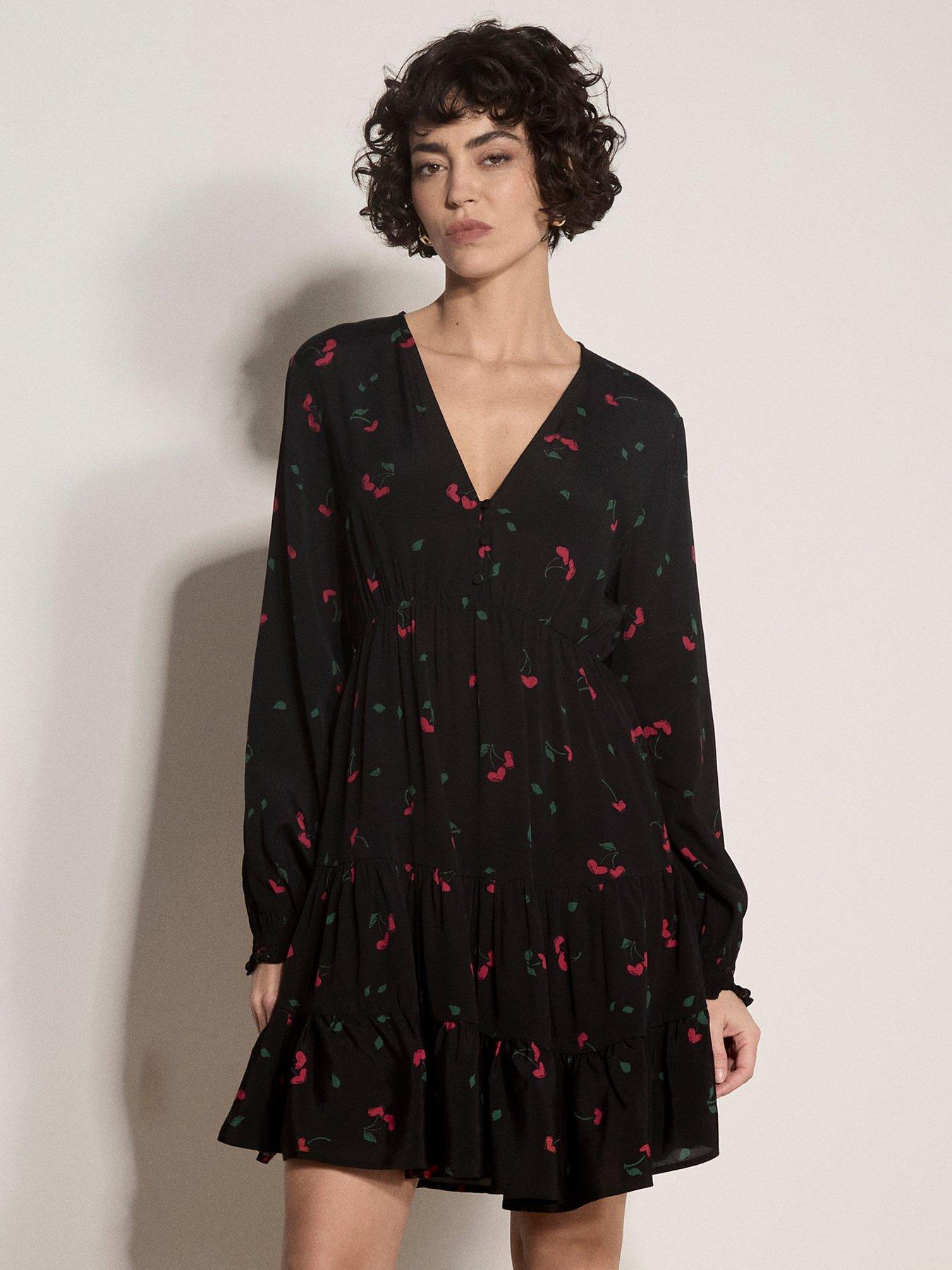 Image 1 of 4 of Apricot Apricot Cherry Hearts V Neck Button Dress