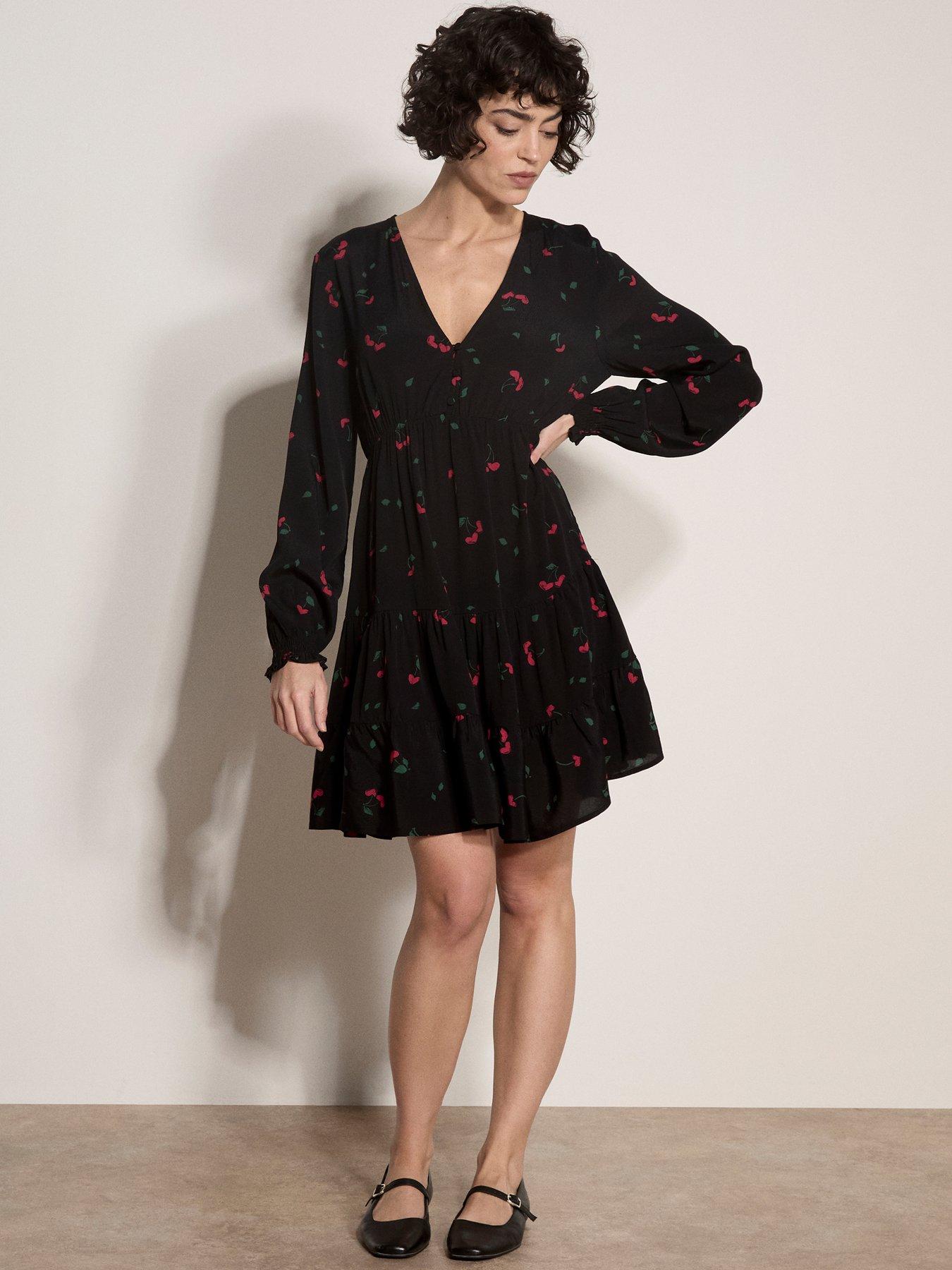 Image 3 of 4 of Apricot Apricot Cherry Hearts V Neck Button Dress