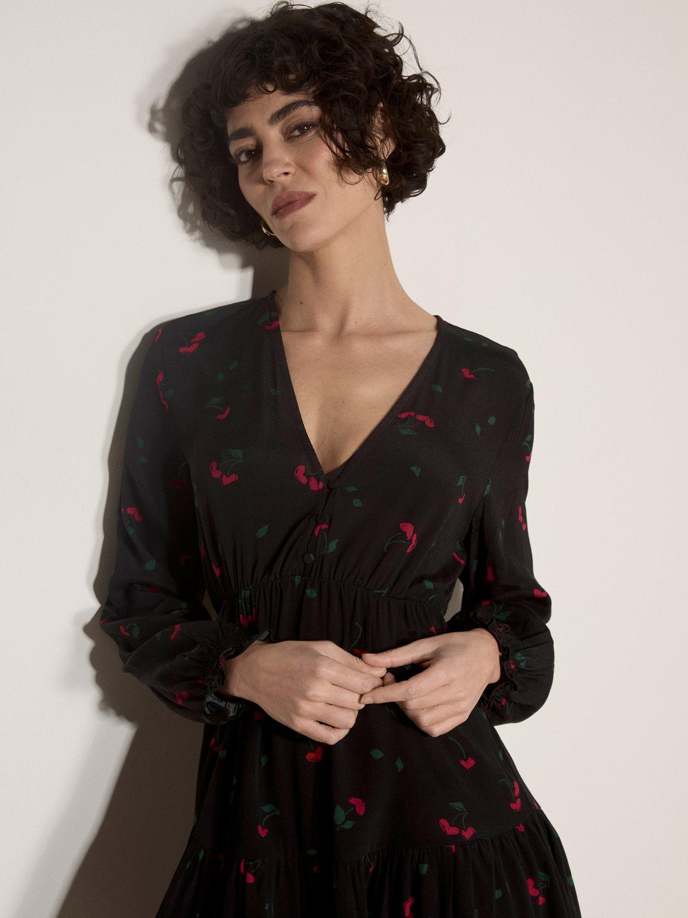 Image 4 of 4 of Apricot Apricot Cherry Hearts V Neck Button Dress