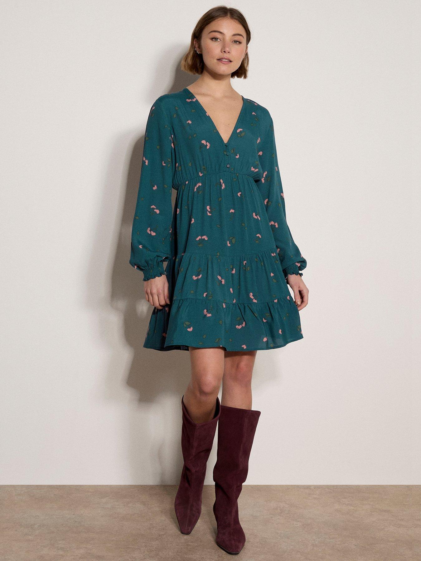 Image 3 of 4 of Apricot Apricot Cherry Hearts V Neck Button Dress