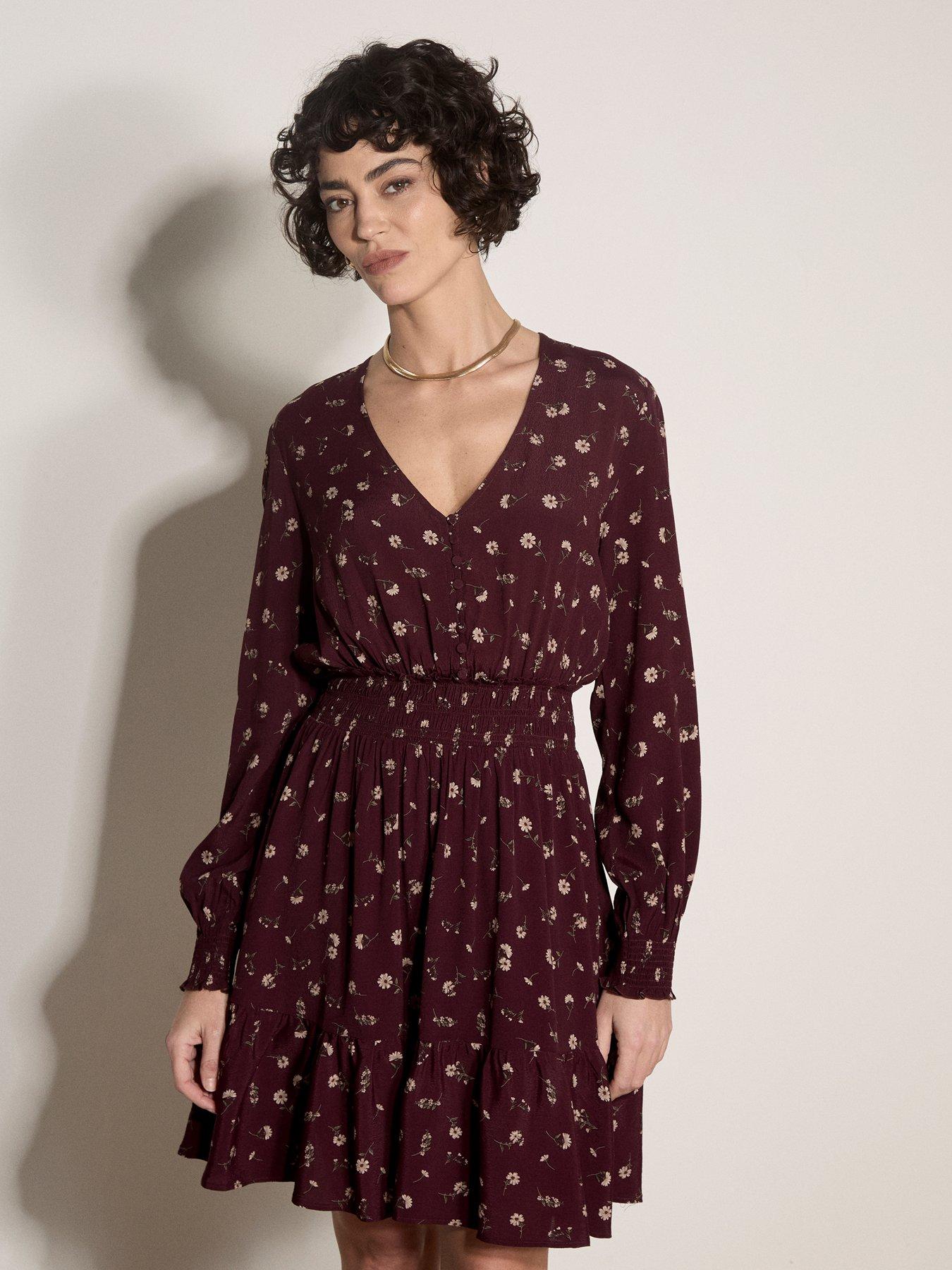Image 1 of 4 of Apricot Womens Vintage Floral Ruffle Neck Tiered Dress - Red