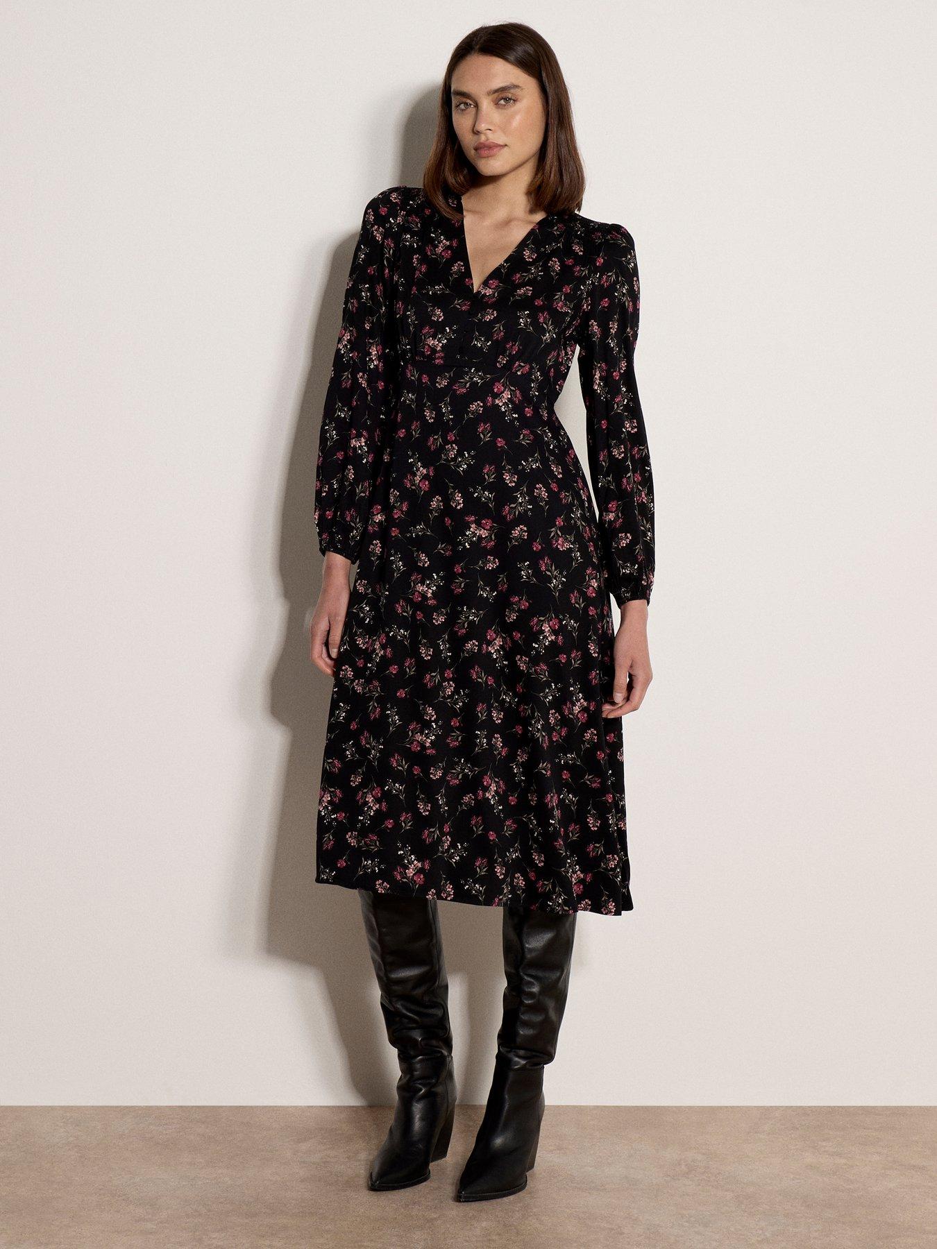 Image 1 of 5 of Apricot Womens Floral Spray V-Neck Button Front Midi Dress - Black
