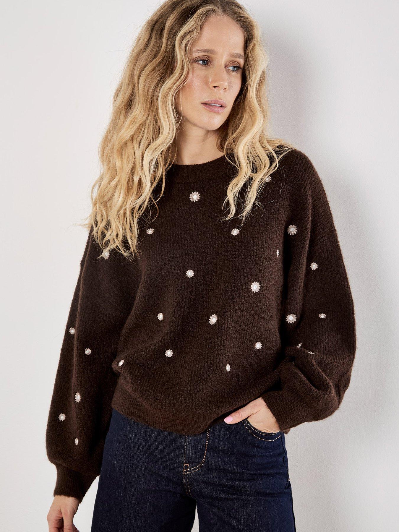 Image 1 of 4 of Apricot Apricot Daisy Embroidered Ribbed Jumper