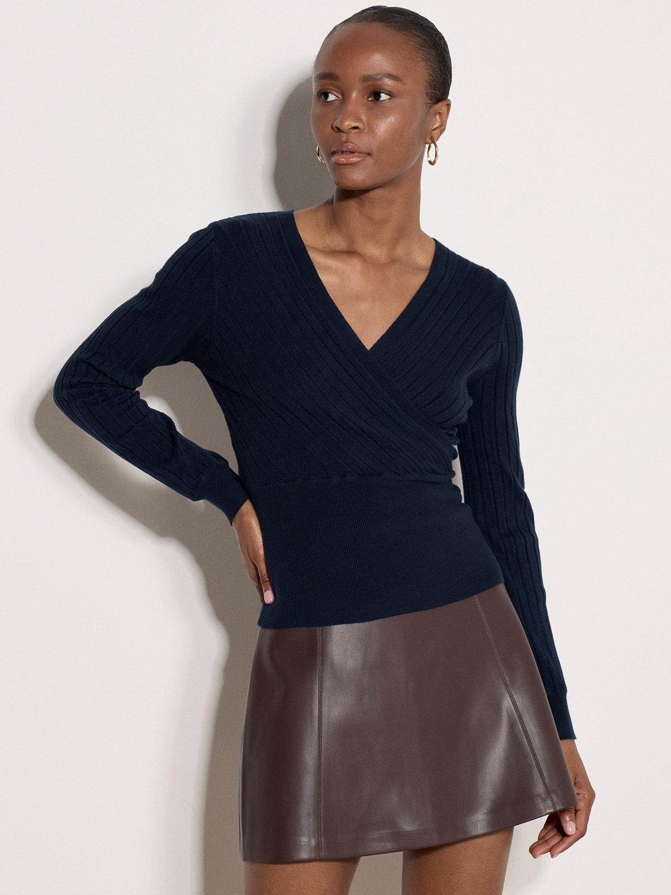 Image 1 of 4 of Apricot Womens Wrap Ribbed Knitted Top - Navy