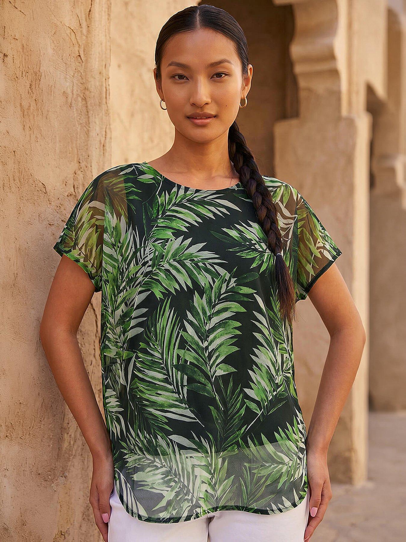 Roman Palm Print Mesh Overlay Top