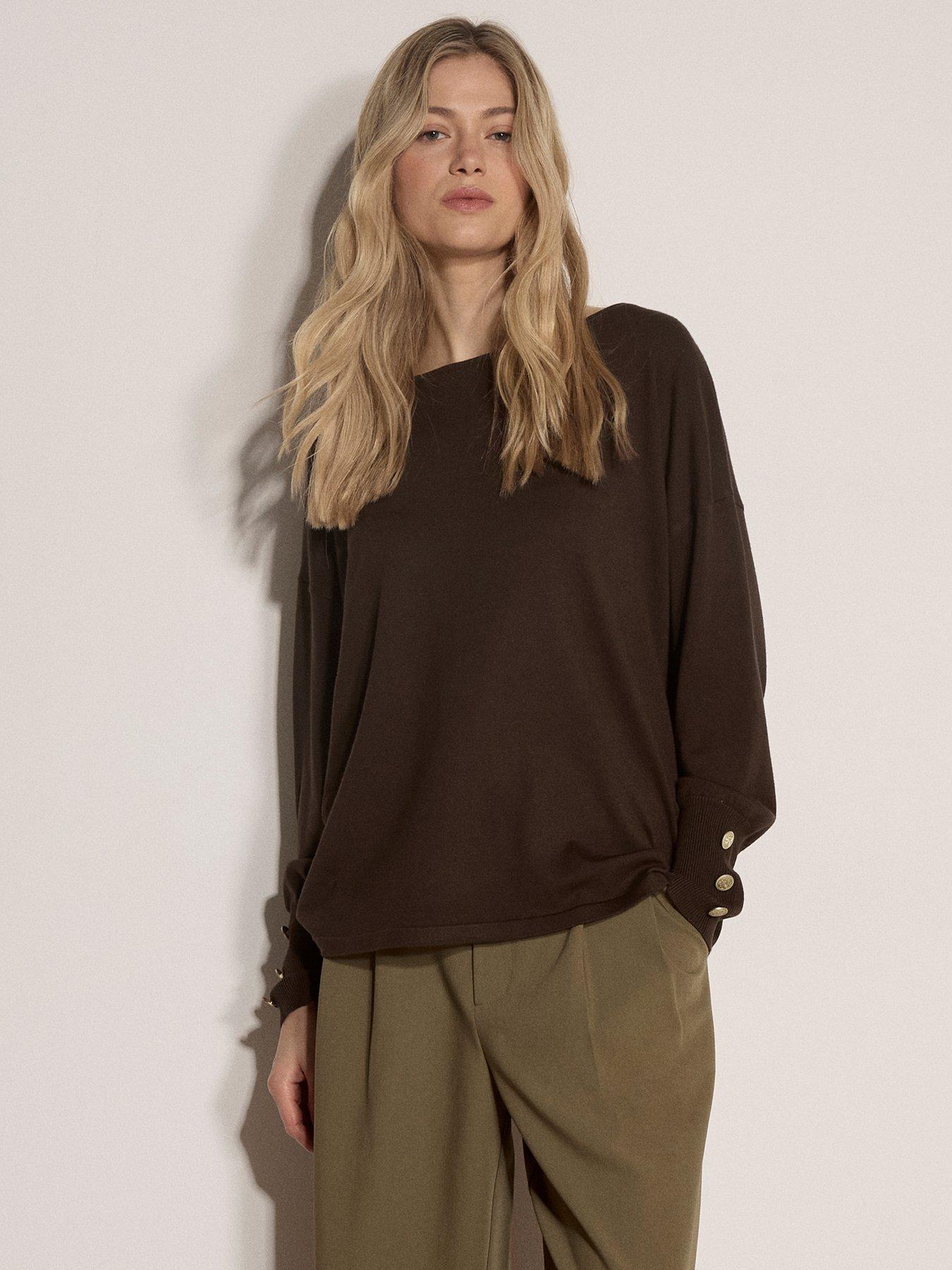 Apricot Apricot Fine Knit Slash Neck Gold Button Jumper
