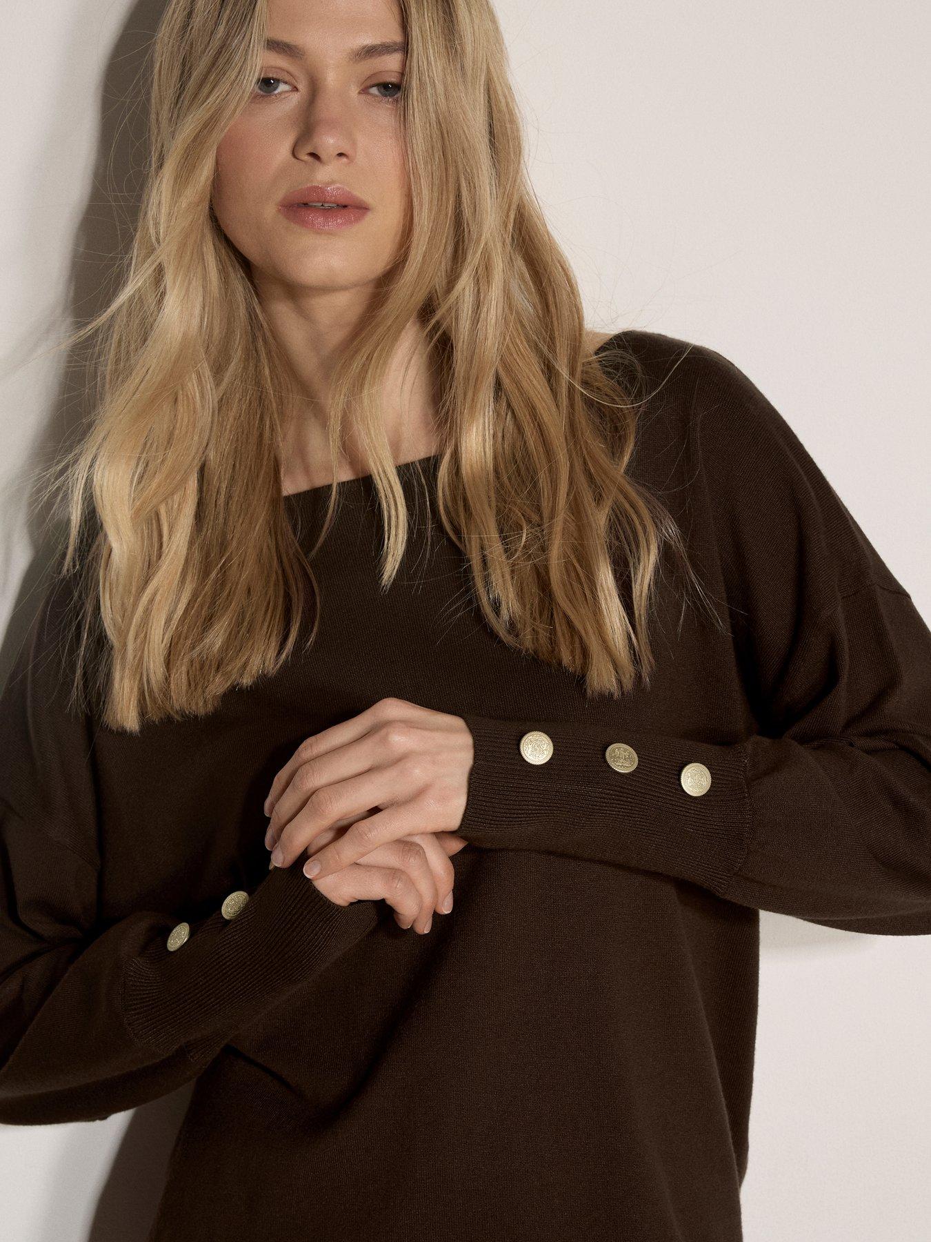 Image 4 of 4 of Apricot Womens Slash Neck Gold Button Jumper - Brown