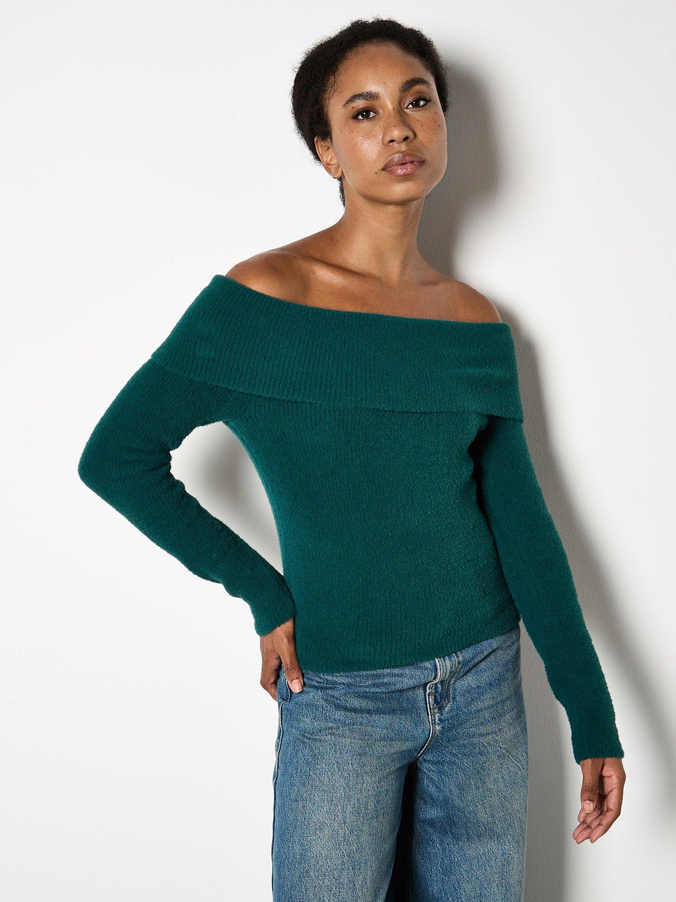 Image 1 of 4 of Apricot Apricot Fuzzy Ribbed Bardot Jumper