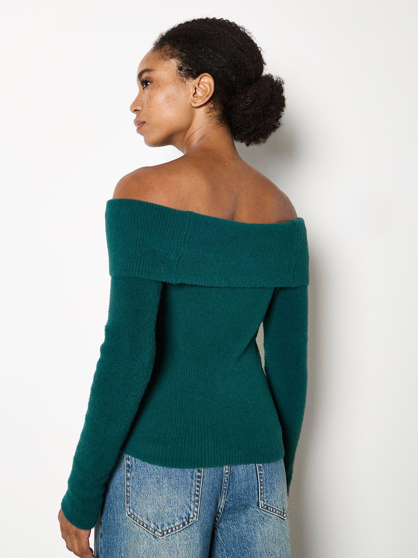 Image 2 of 4 of Apricot Apricot Fuzzy Ribbed Bardot Jumper