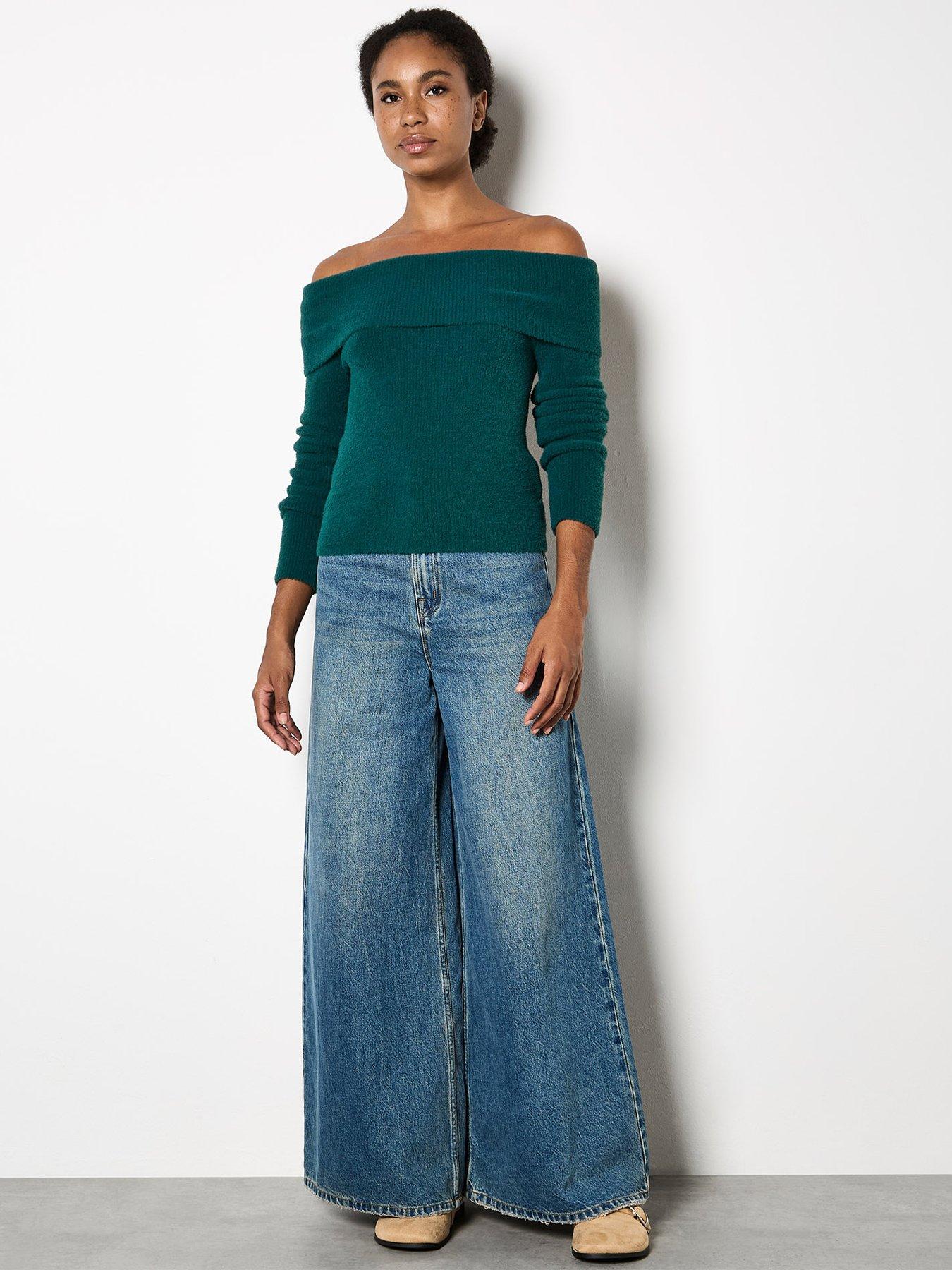 Image 3 of 4 of Apricot Apricot Fuzzy Ribbed Bardot Jumper