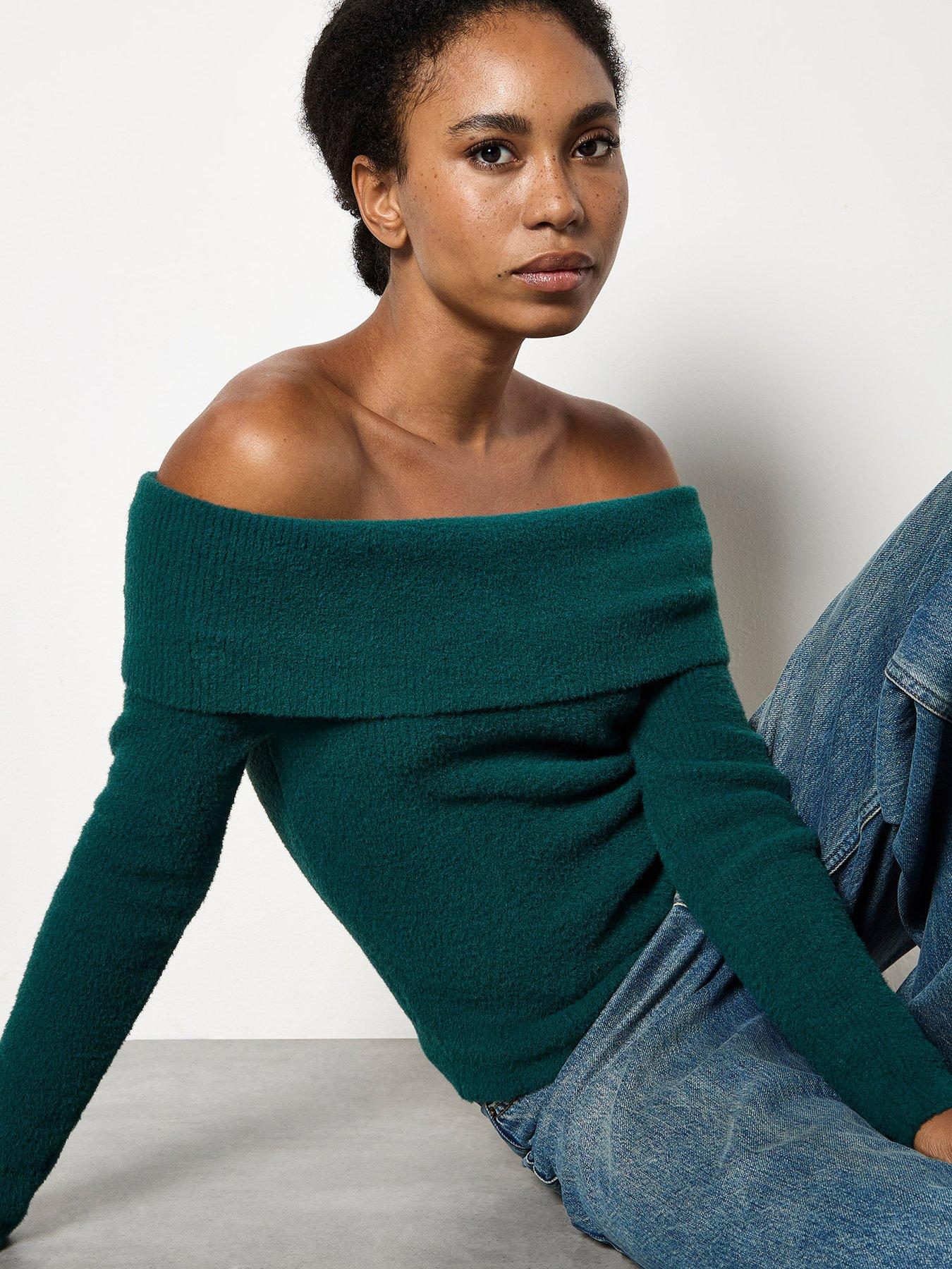Image 4 of 4 of Apricot Apricot Fuzzy Ribbed Bardot Jumper