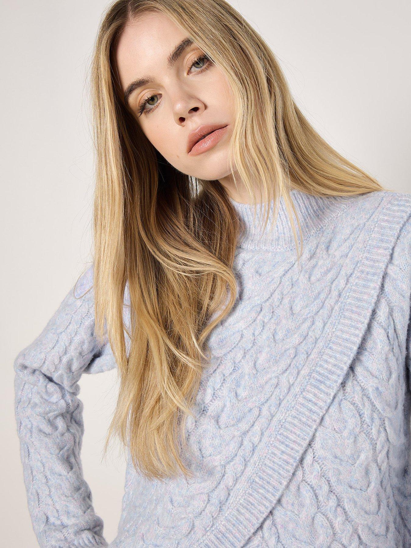 Image 4 of 5 of Apricot Womens Cable Knit Wrap-Over Mock Neck Jumper - Blue