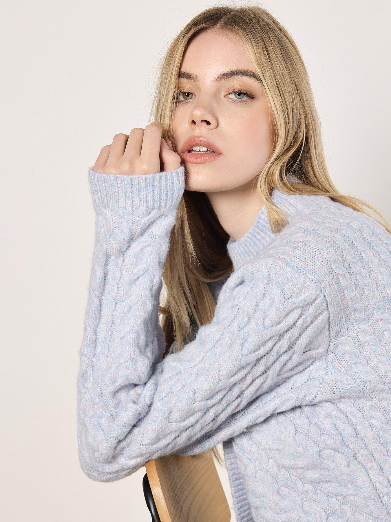 Image 5 of 5 of Apricot Womens Cable Knit Wrap-Over Mock Neck Jumper - Blue