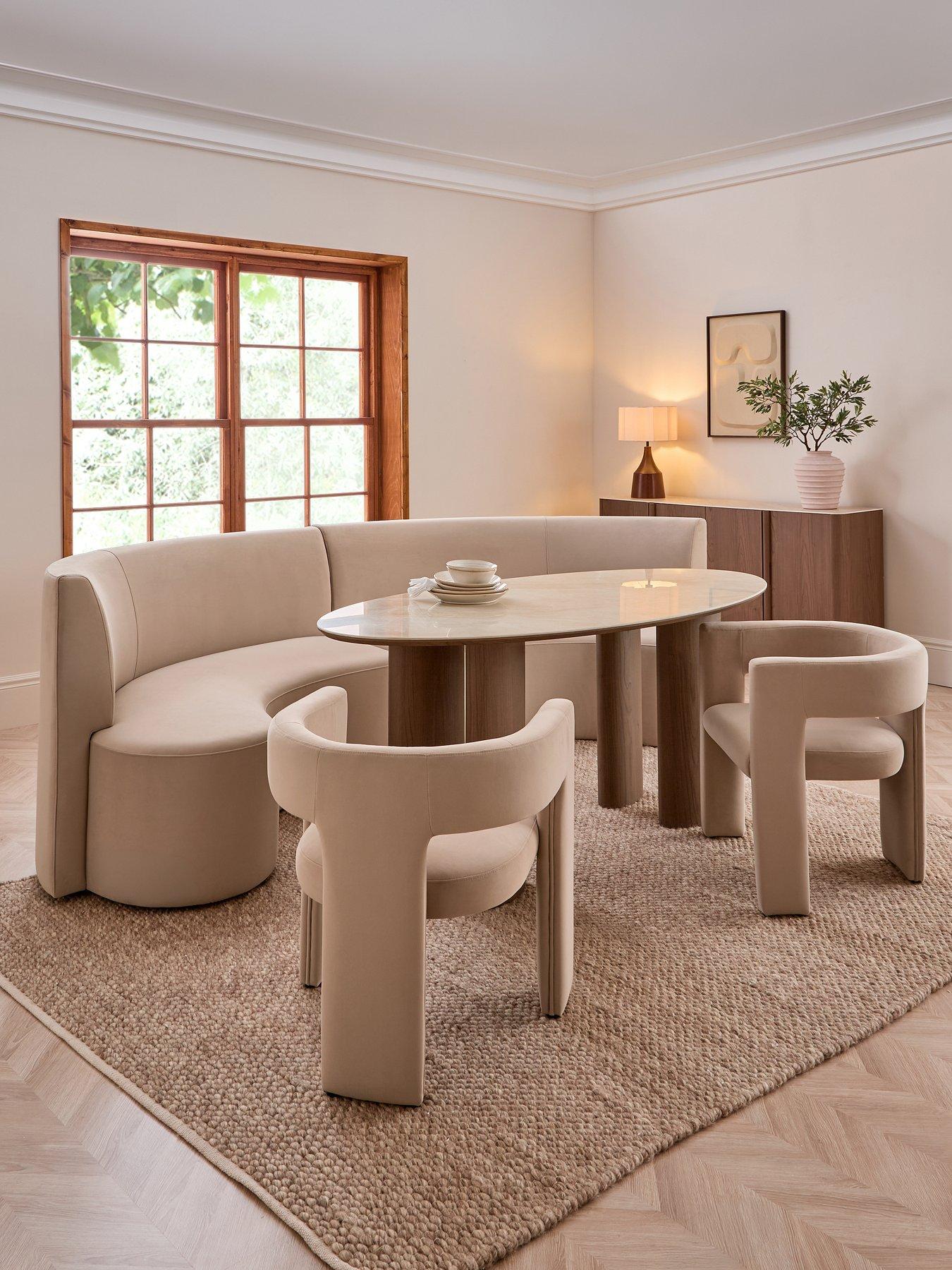 Image 1 of 7 of The Very Collection Esme Curved Dining Booth In Taupe Velvet With Ines 180cm Dining Table &amp; 2 Taupe Nell Chairs