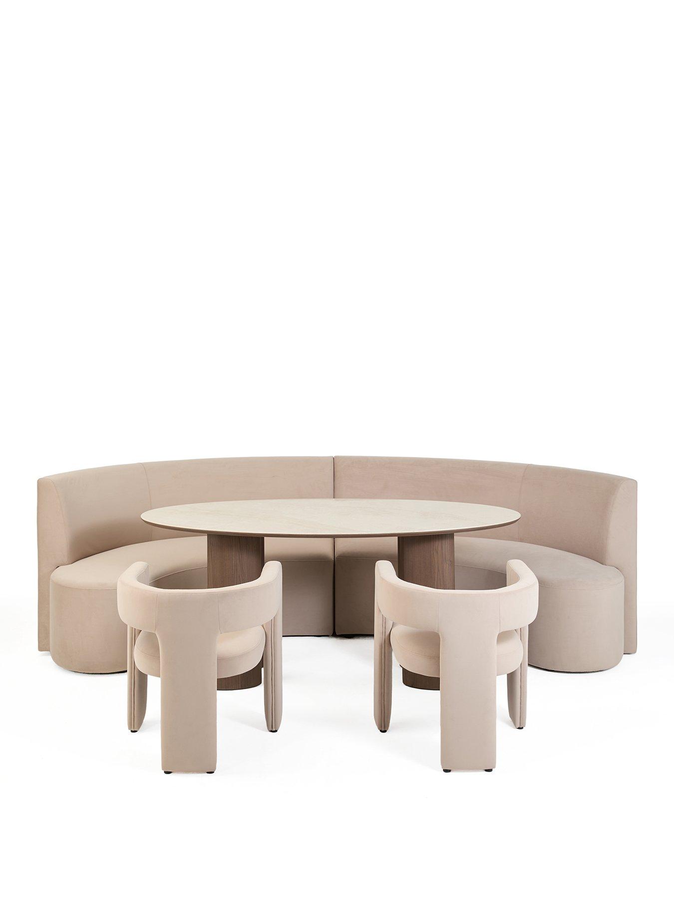 Image 2 of 7 of The Very Collection Esme Curved Dining Booth In Taupe Velvet With Ines 180cm Dining Table &amp; 2 Taupe Nell Chairs