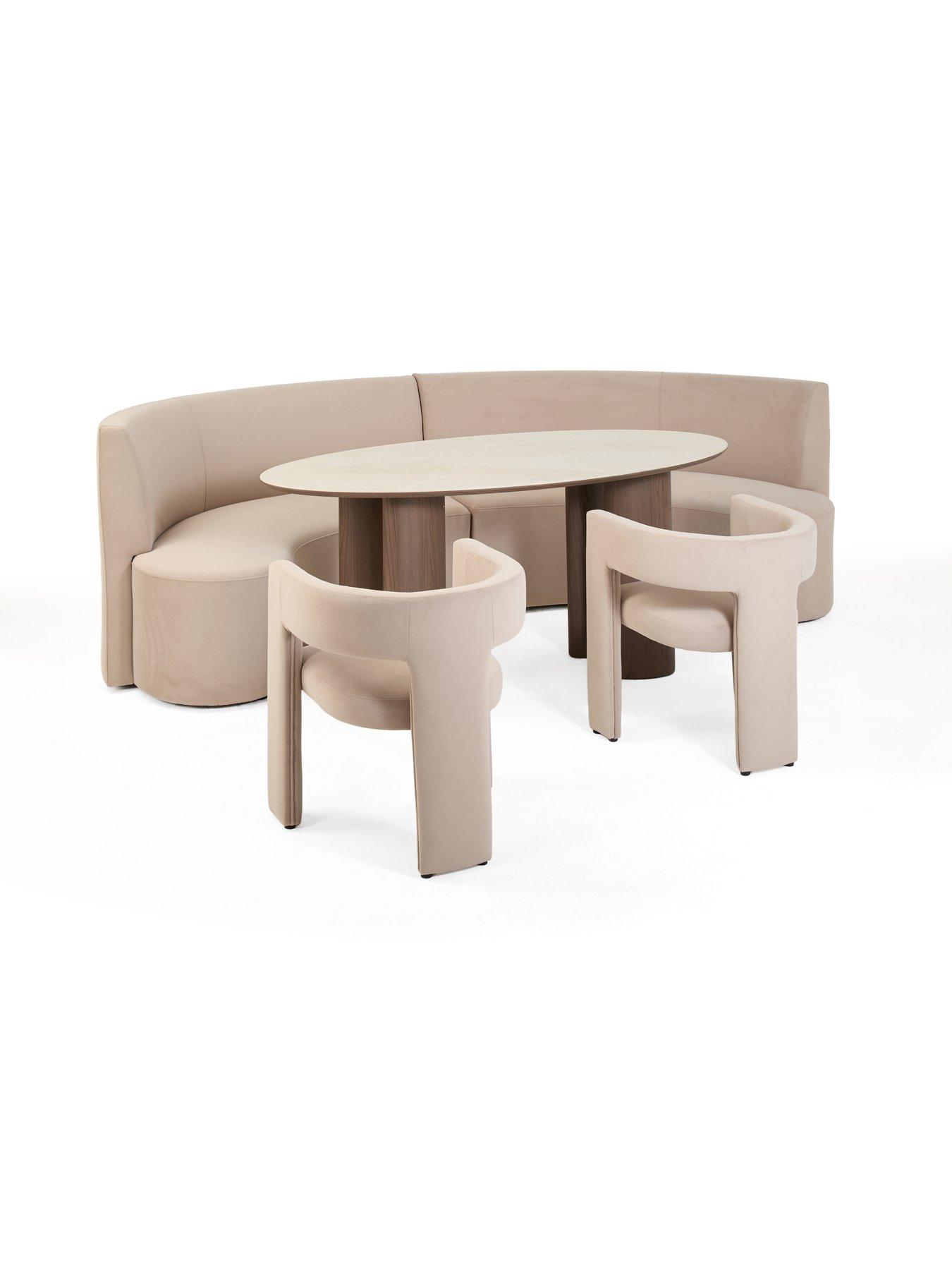 Image 3 of 7 of The Very Collection Esme Curved Dining Booth In Taupe Velvet With Ines 180cm Dining Table &amp; 2 Taupe Nell Chairs