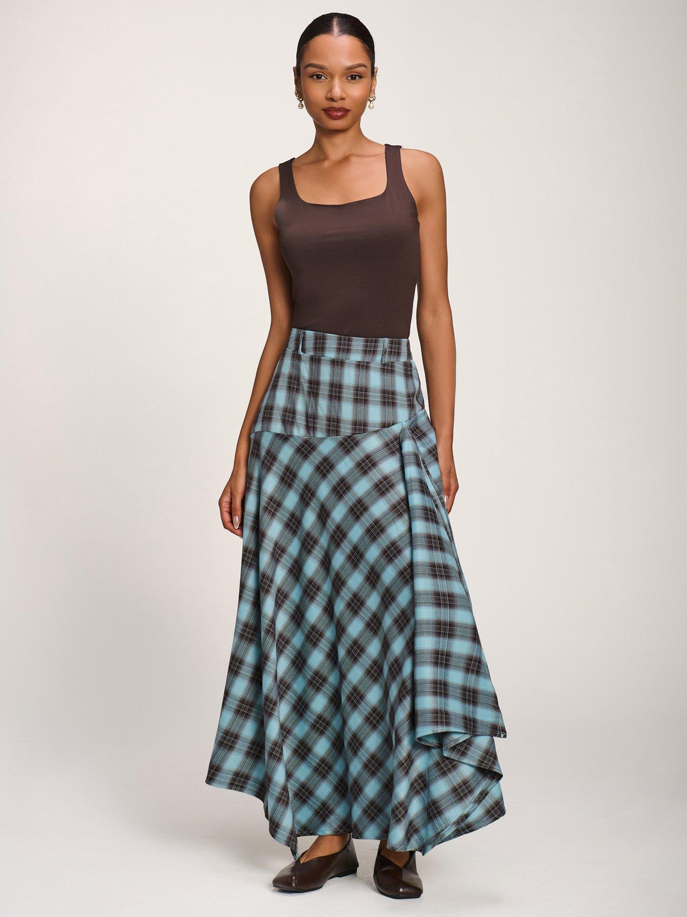 Jolie Moi Asymmetric Check Maxi Skirt - Blue
