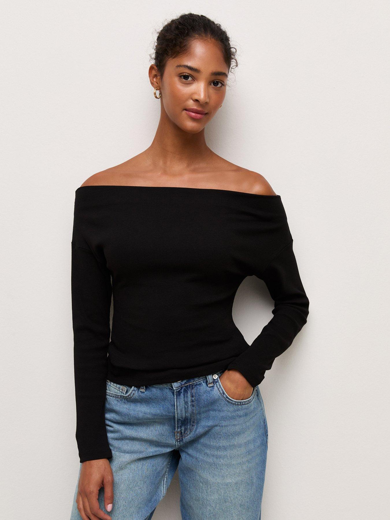 Image 1 of 5 of New Look Womens Main Collection Bardot Ribbed Cotton-Rich Blouse - Black