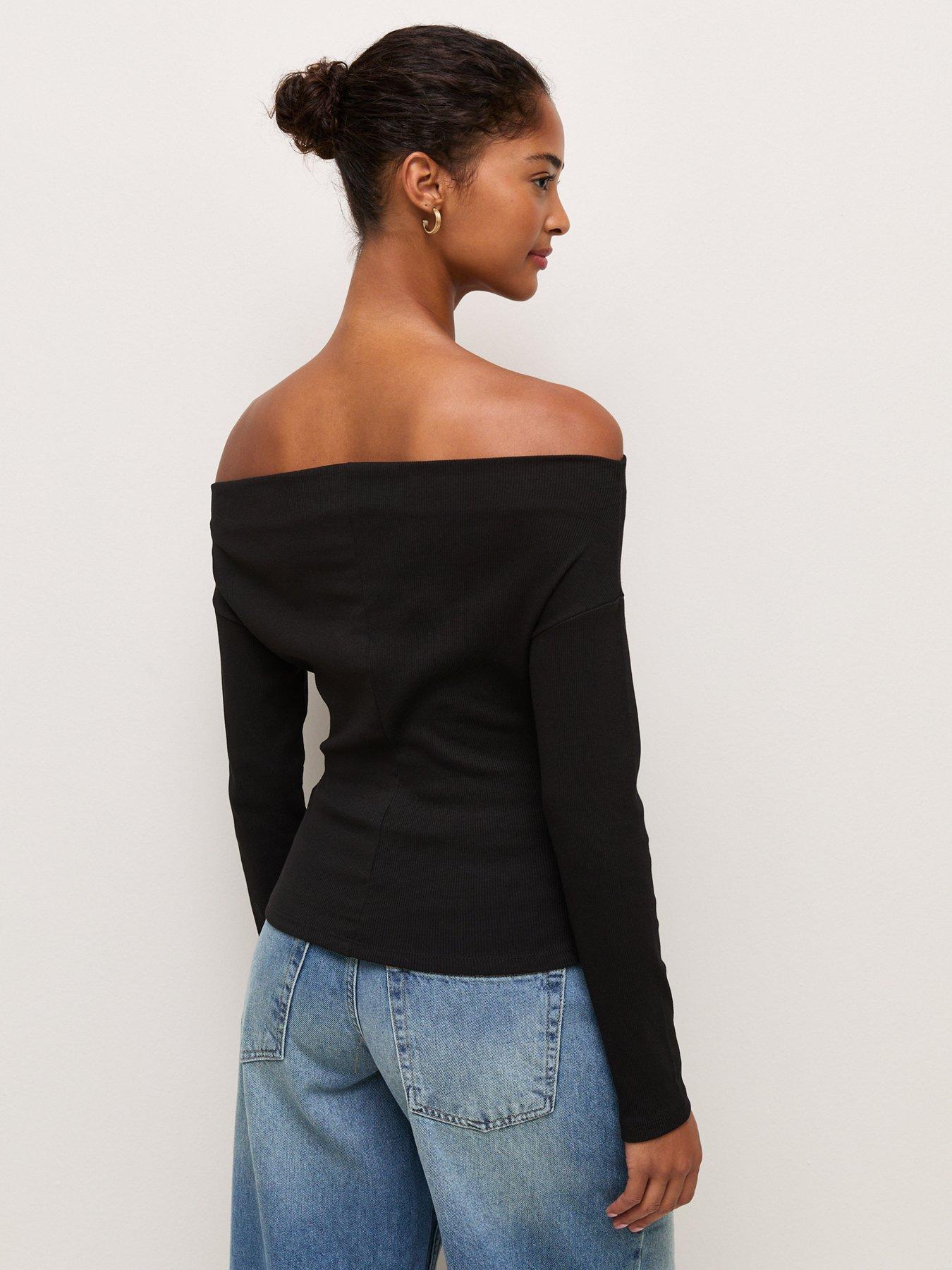 Image 2 of 5 of New Look Womens Main Collection Bardot Ribbed Cotton-Rich Blouse - Black