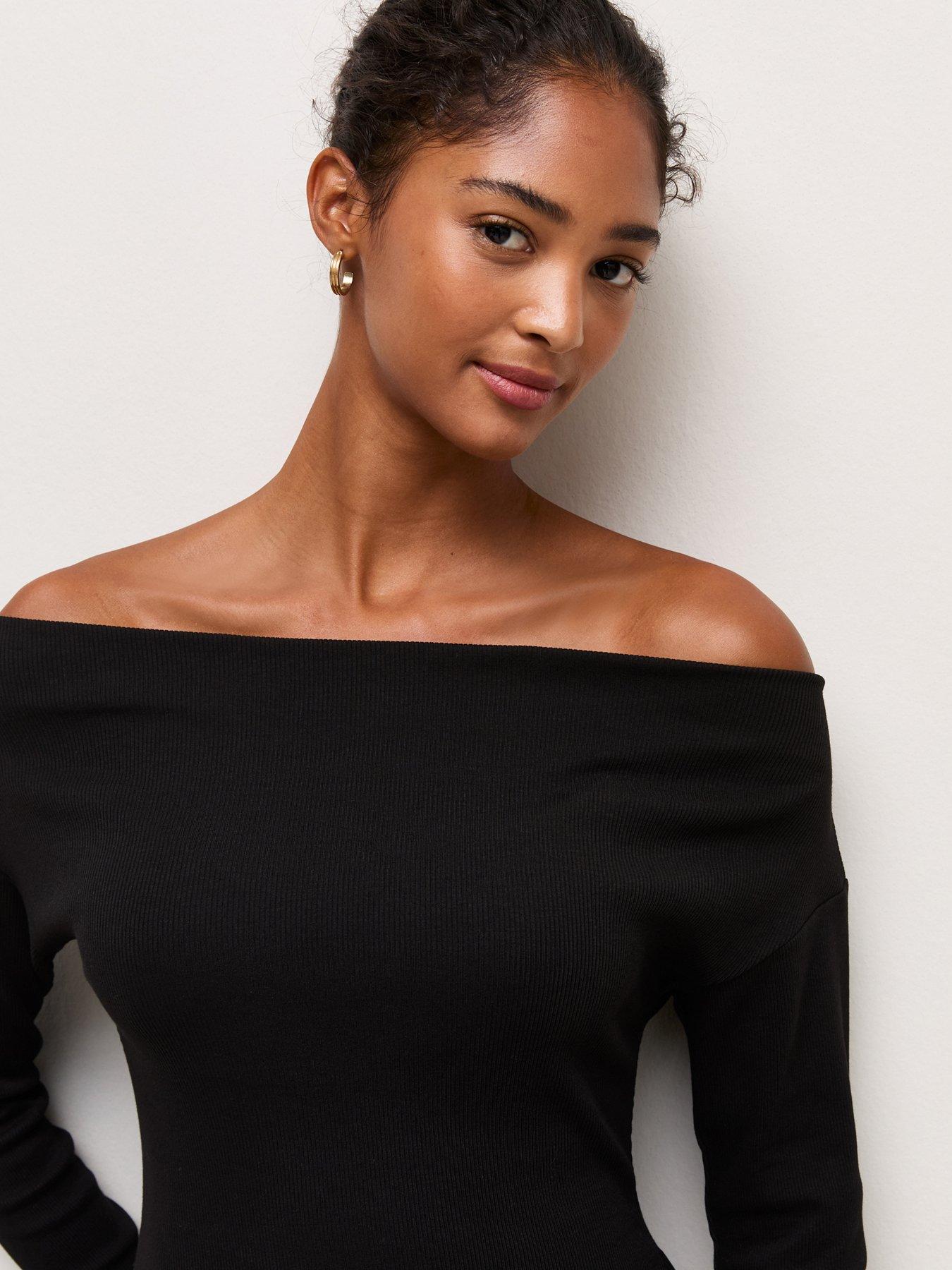 Image 4 of 5 of New Look Womens Main Collection Bardot Ribbed Cotton-Rich Blouse - Black