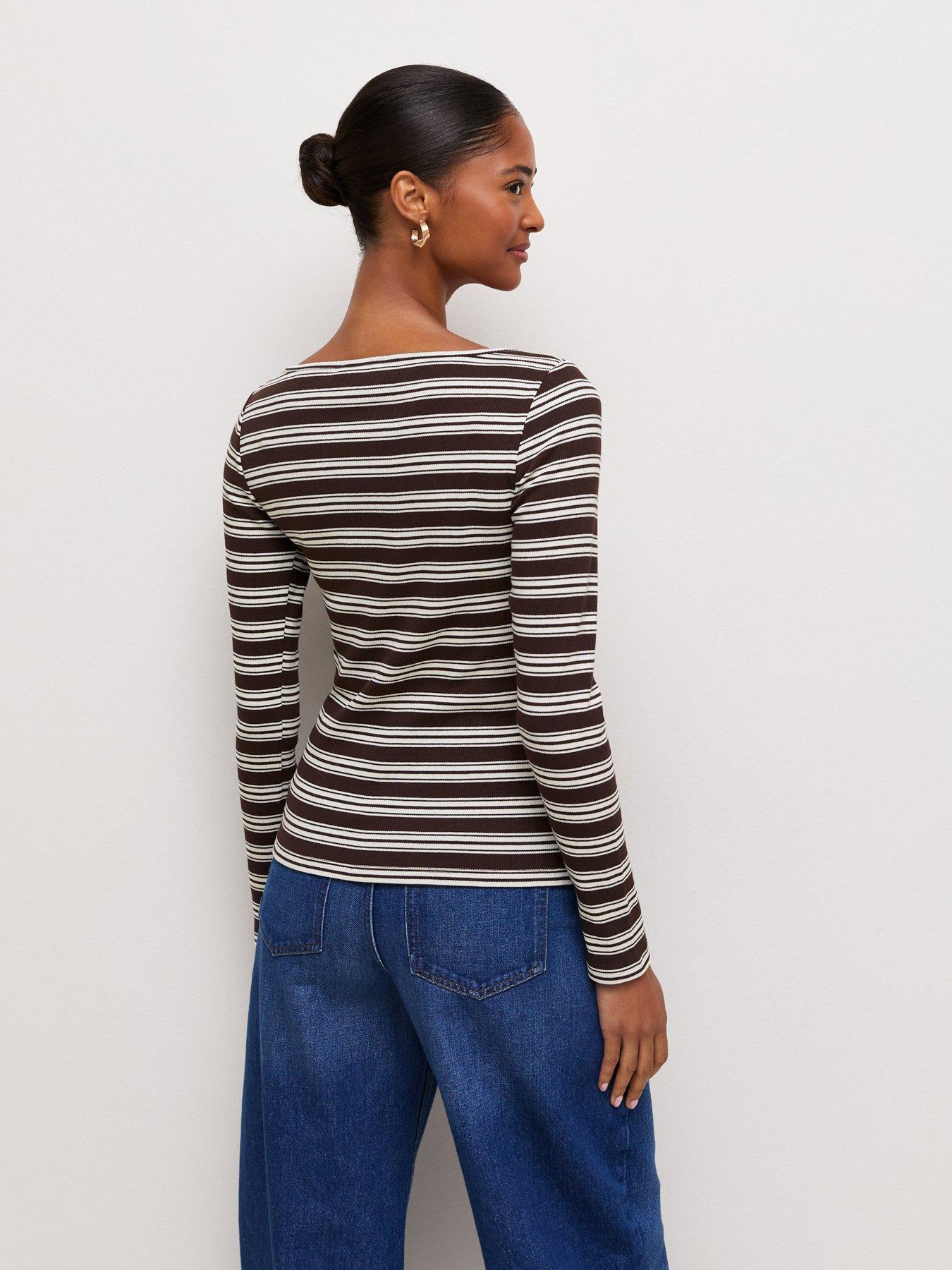 Image 2 of 5 of New Look Striped Ribbed Long Sleeve Button Front Top - Brown