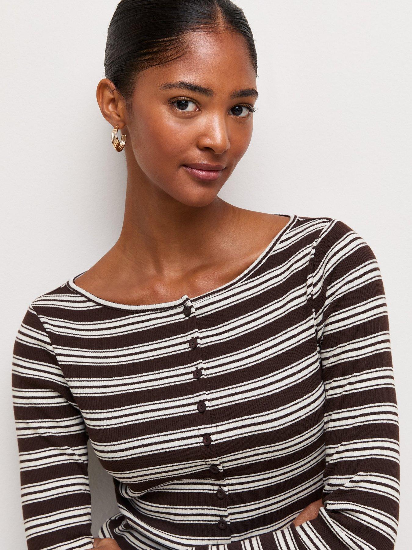 Image 4 of 5 of New Look Striped Ribbed Long Sleeve Button Front Top - Brown