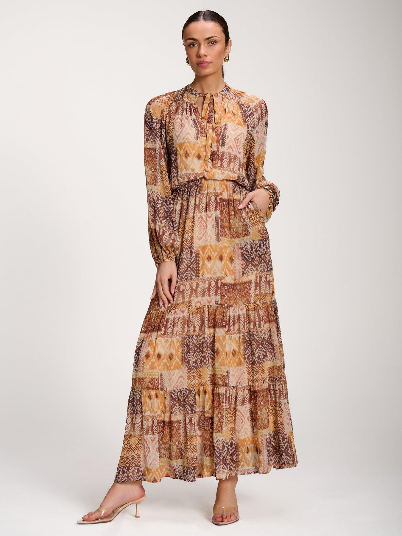 Jolie Moi Long Sleeve Chiffon Tiered Maxi Dress - Orange