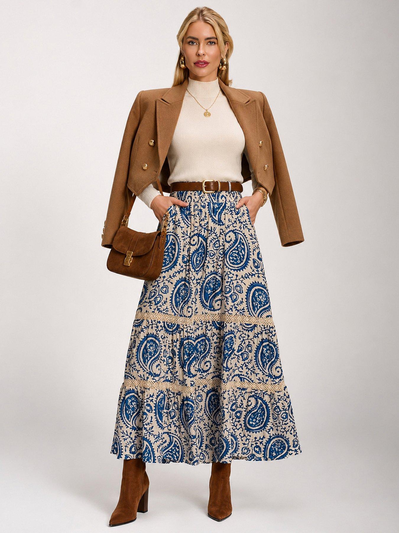 Image 1 of 6 of Jolie Moi Lace Trim Tiered Maxi Skirt - Blue