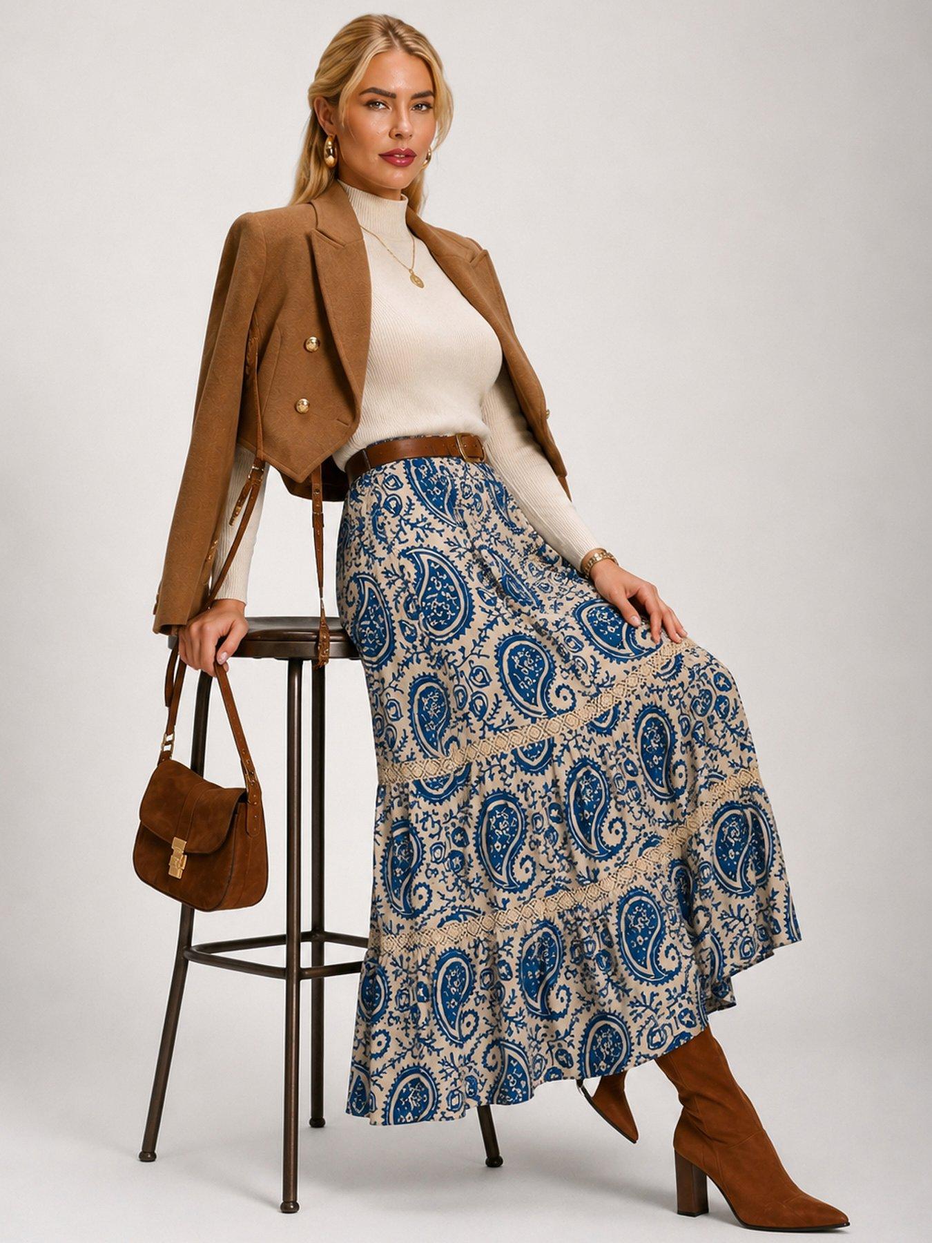 Image 3 of 6 of Jolie Moi Lace Trim Tiered Maxi Skirt - Blue