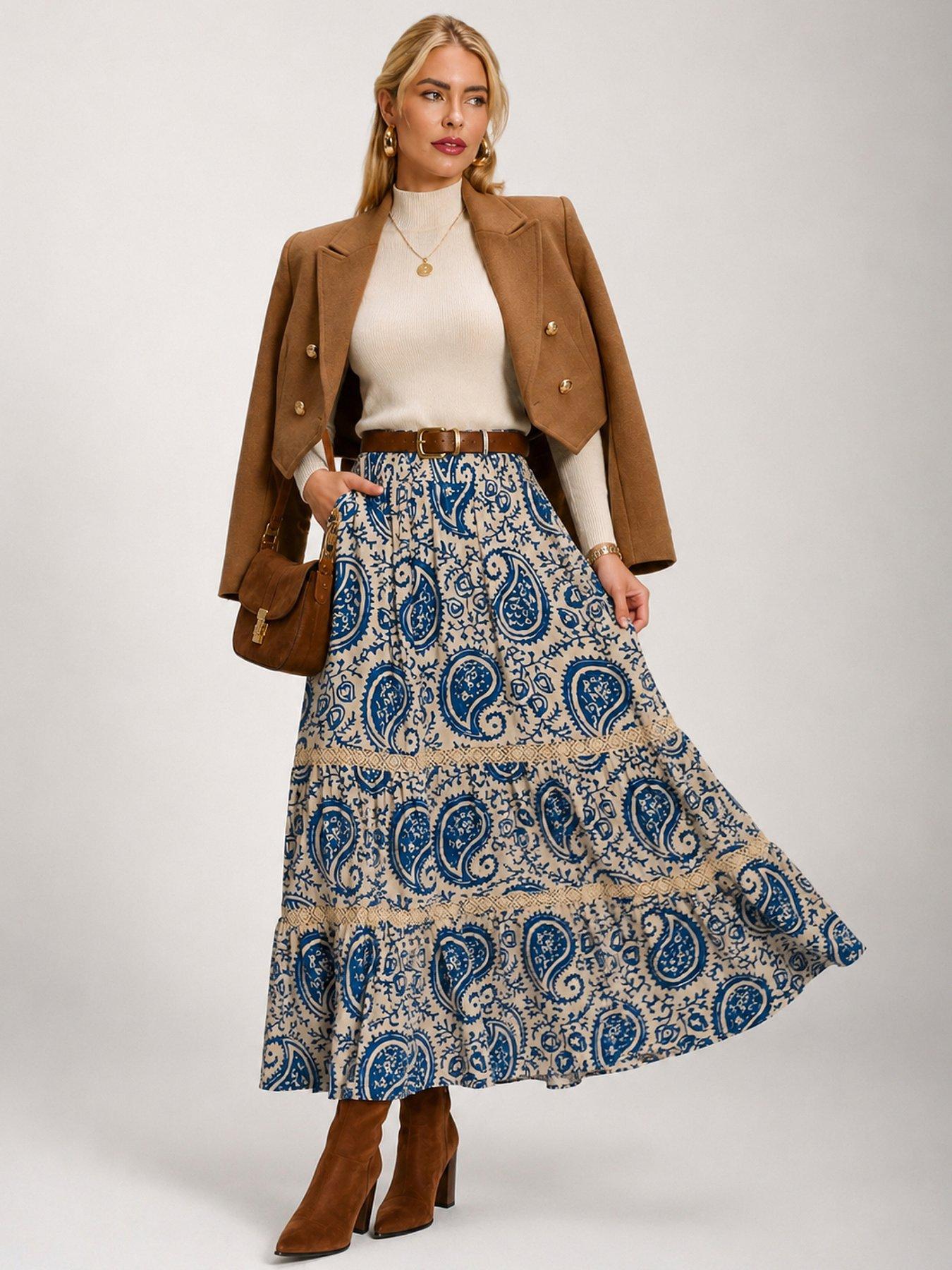 Image 5 of 6 of Jolie Moi Lace Trim Tiered Maxi Skirt - Blue